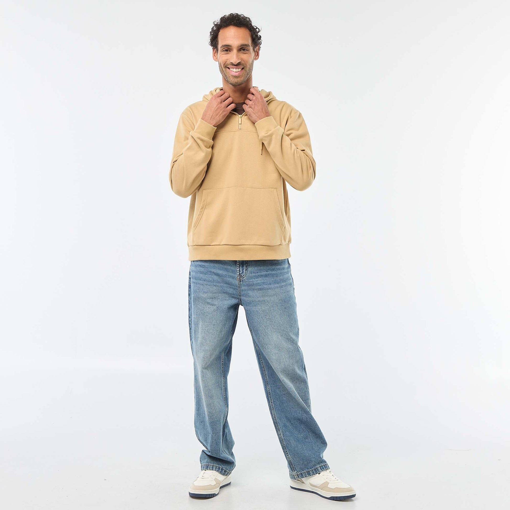 Sweat en molleton à capuche avec ouverture zippée au col BEIGE