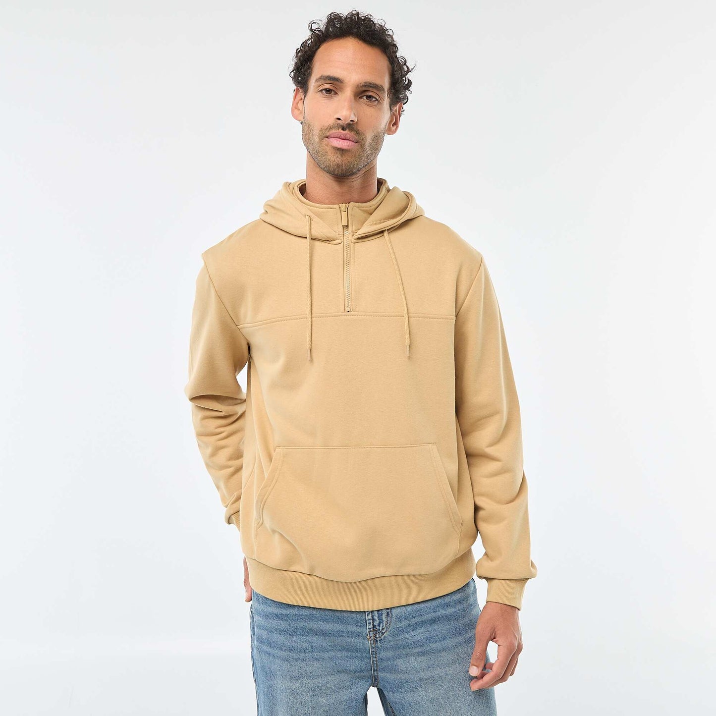 Sweat en molleton à capuche avec ouverture zippée au col BEIGE