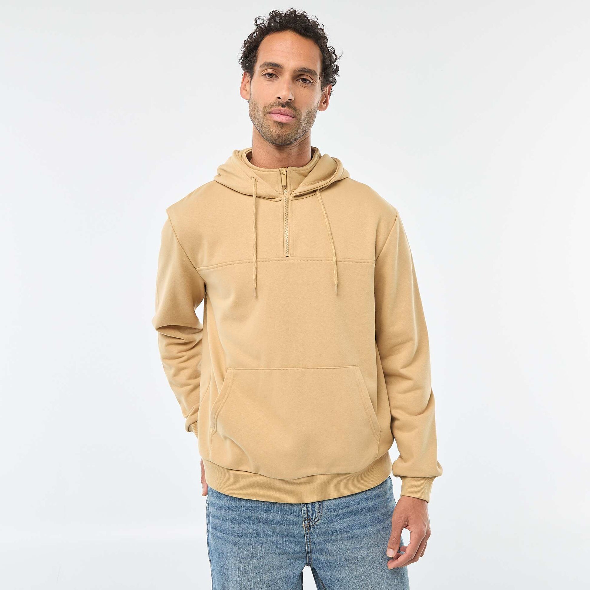 Sweat en molleton à capuche avec ouverture zippée au col BEIGE