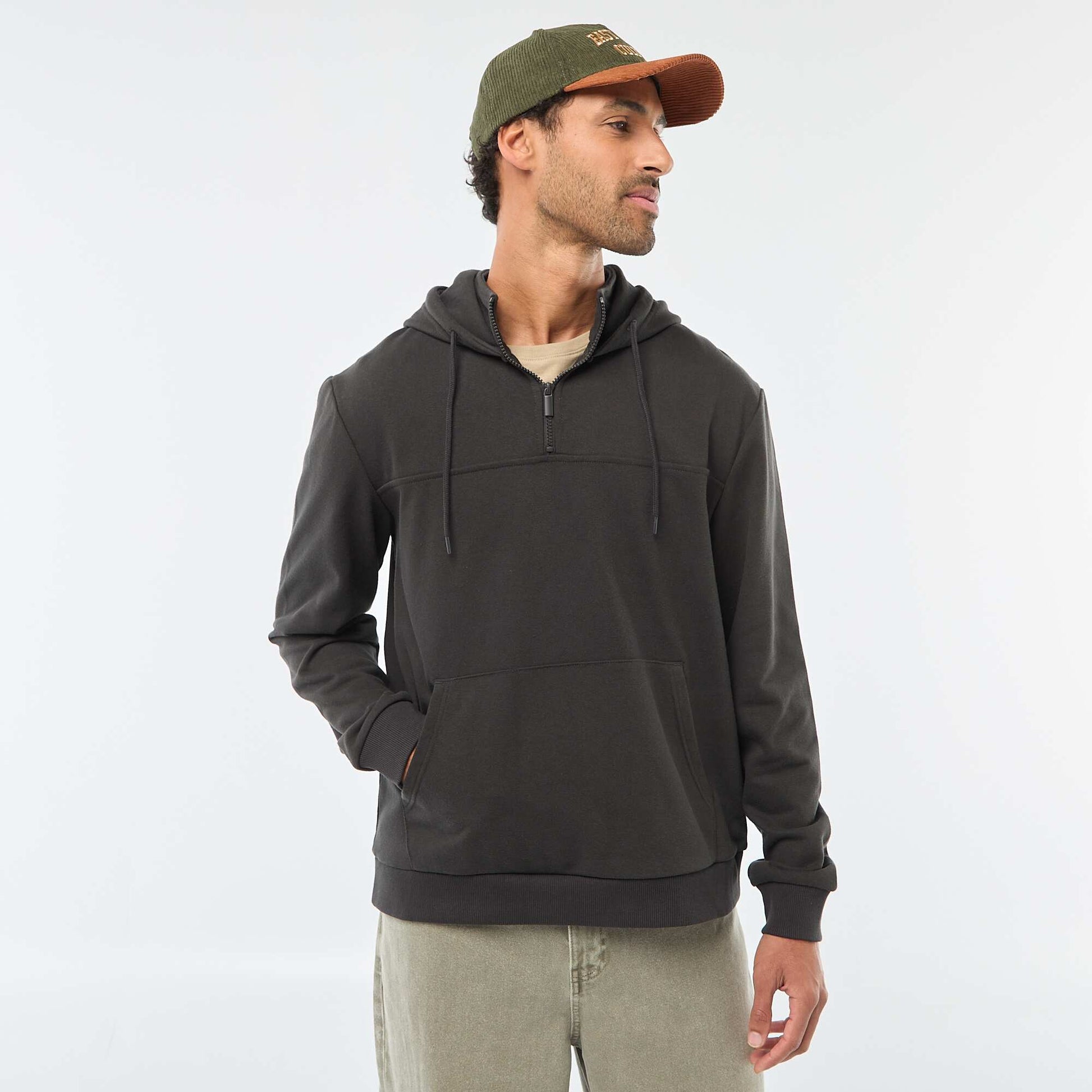 Sweat en molleton à capuche avec ouverture zippée au col GRIS
