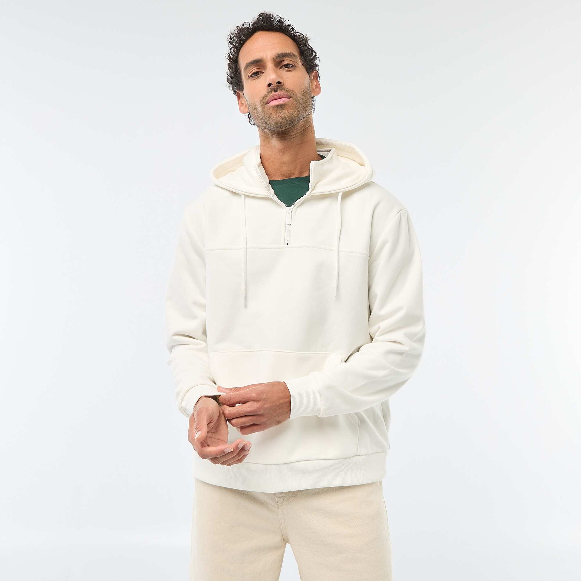 Sweat en molleton à capuche avec ouverture zippée au col BLANC