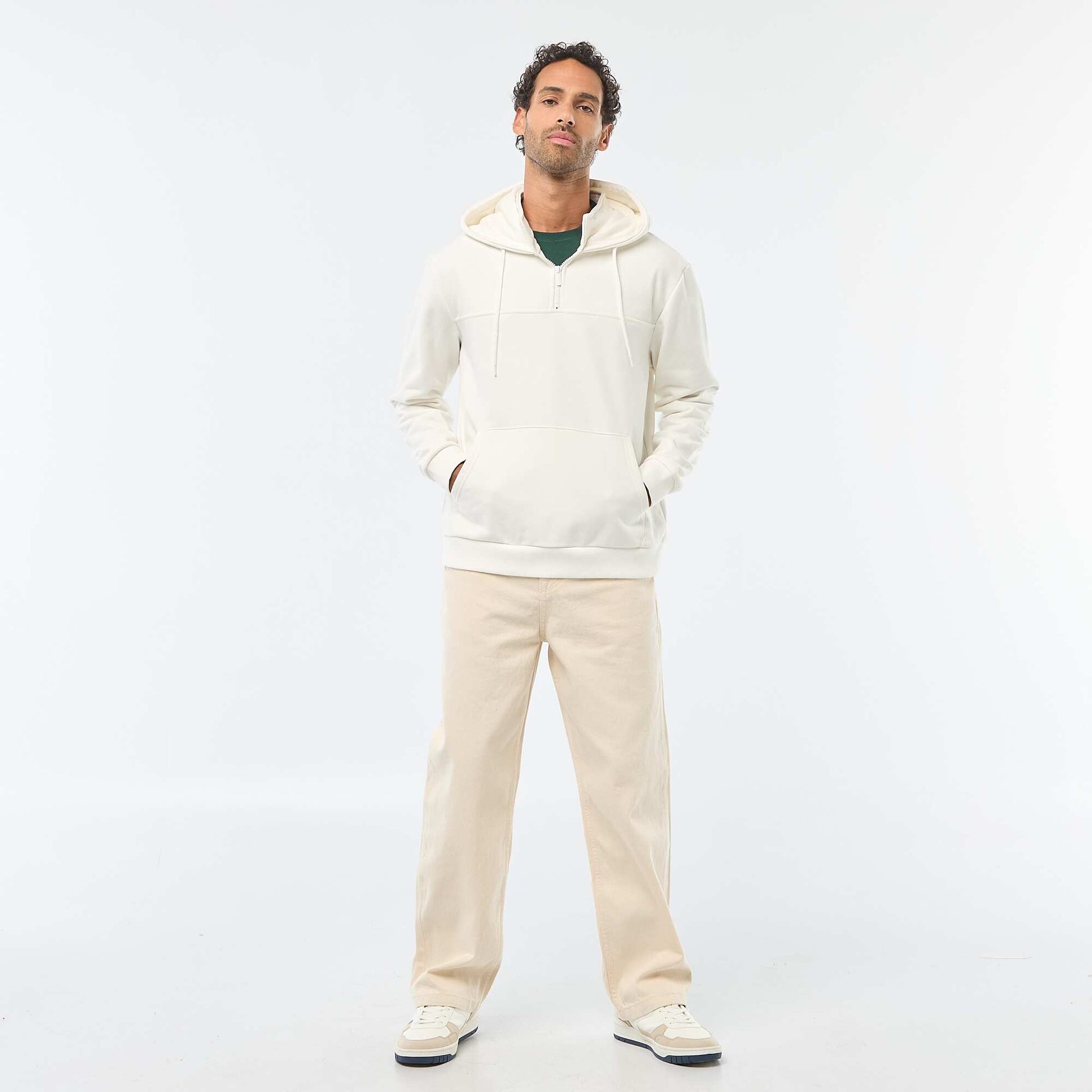 Sweat en molleton à capuche avec ouverture zippée au col BLANC