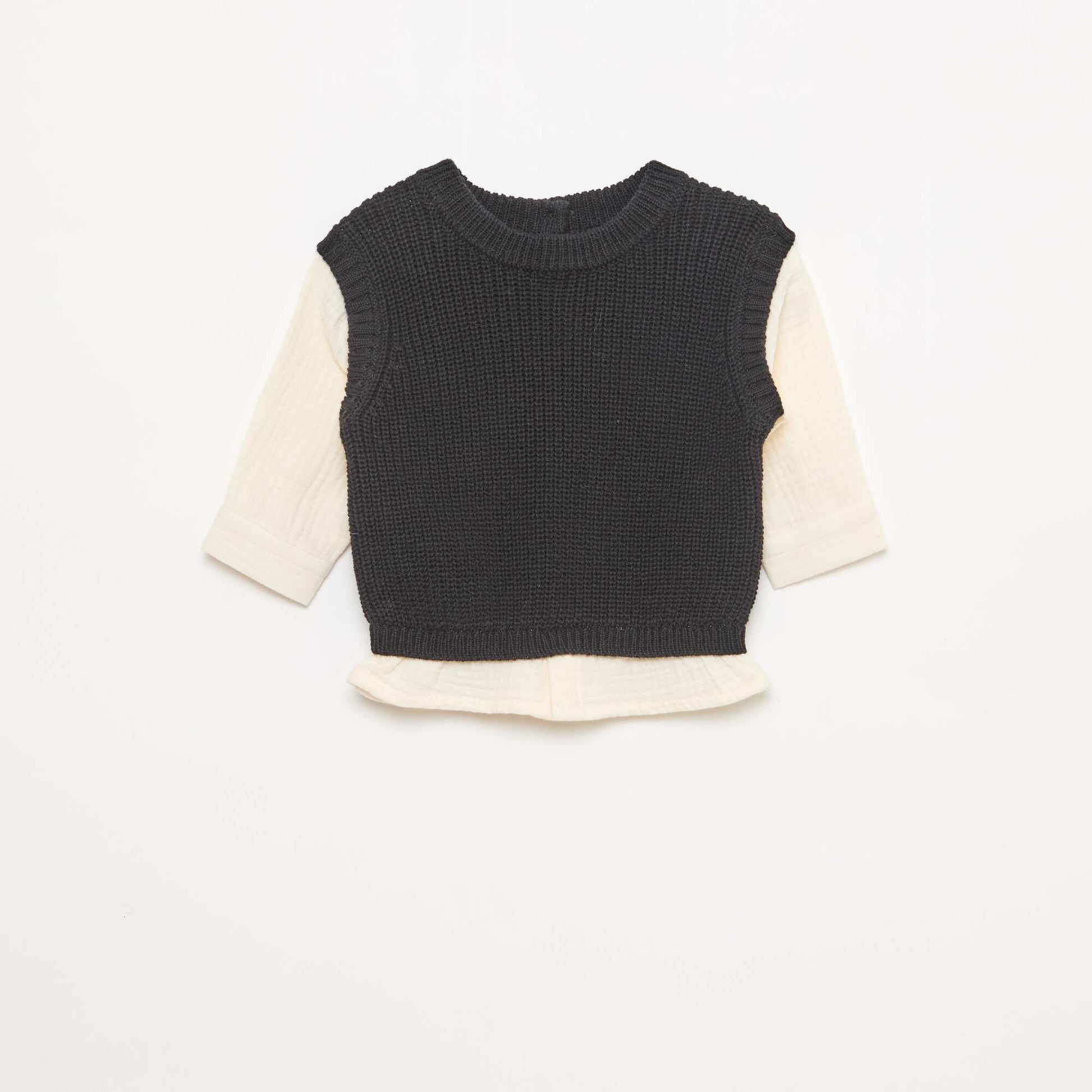 Pull 2 en 1 en tricot et double gaze de coton NOIR