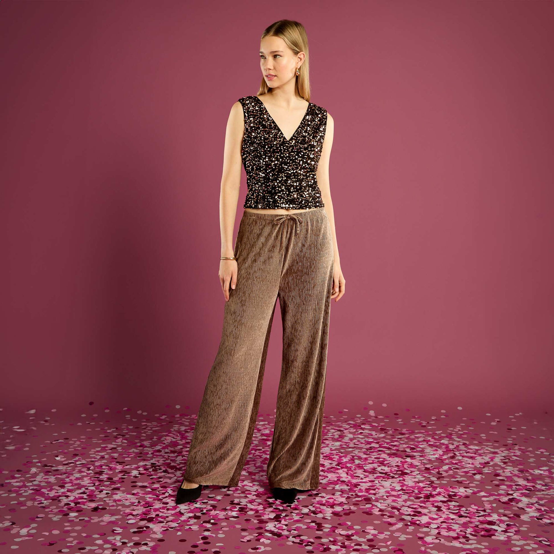 Pantalon large en velours uni MARRON
