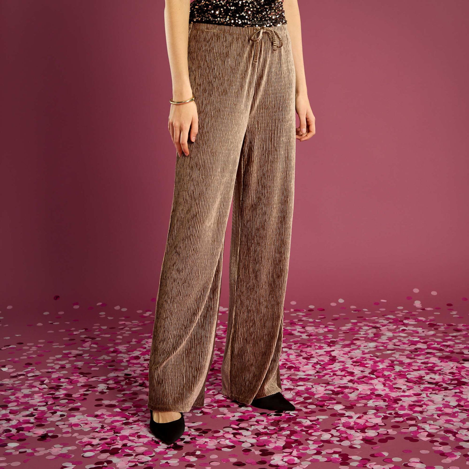 Pantalon large en velours uni MARRON