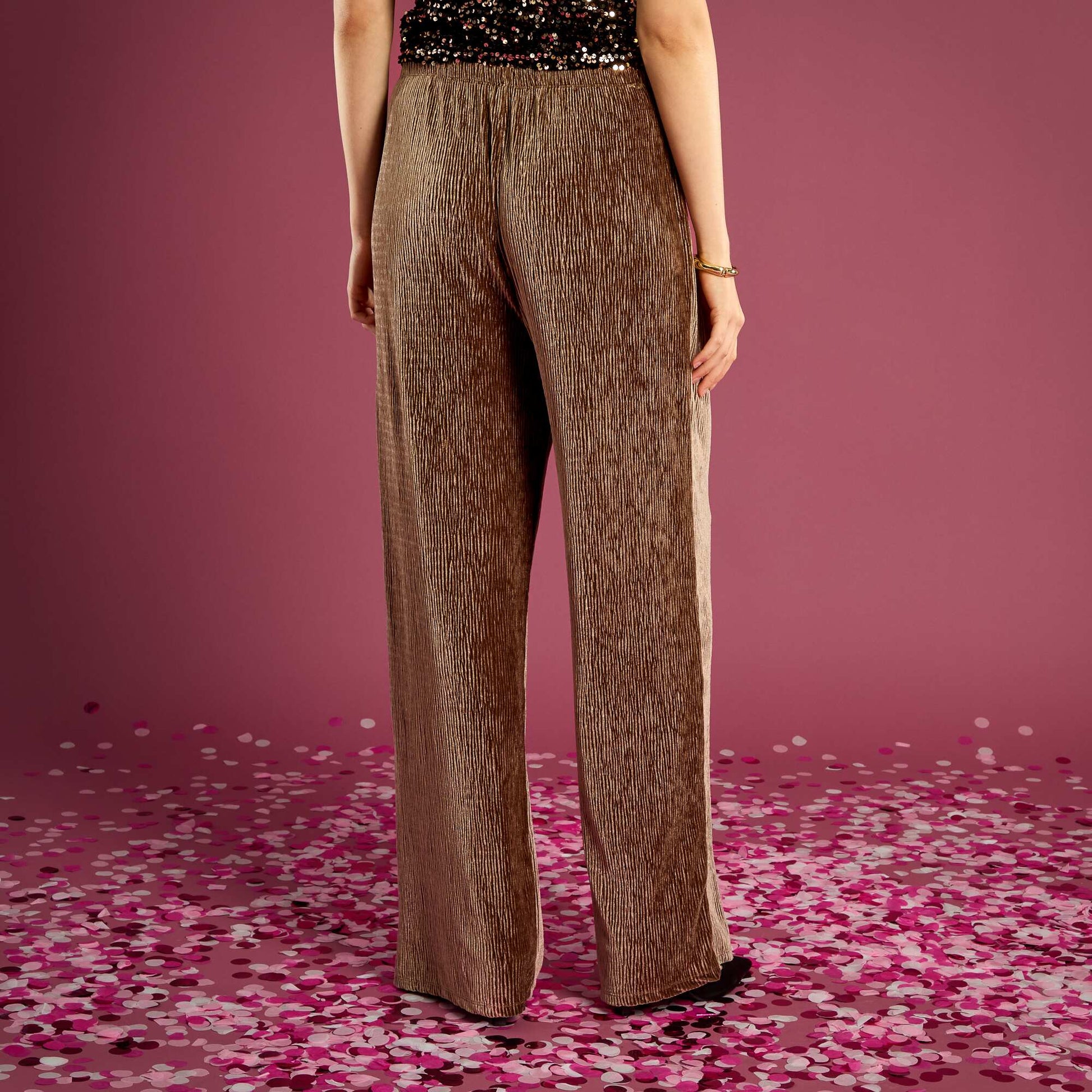Pantalon large en velours uni MARRON
