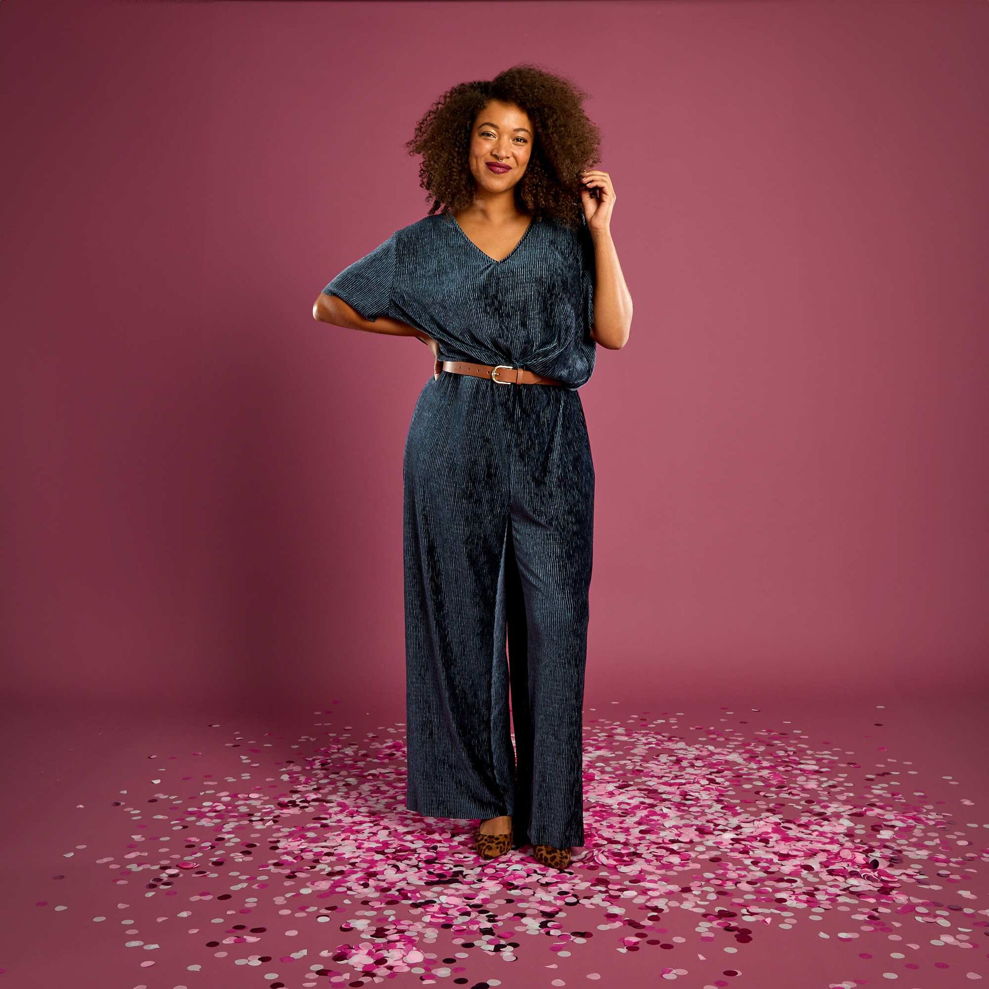 Pantalon large en velours côtelé uni BLEU