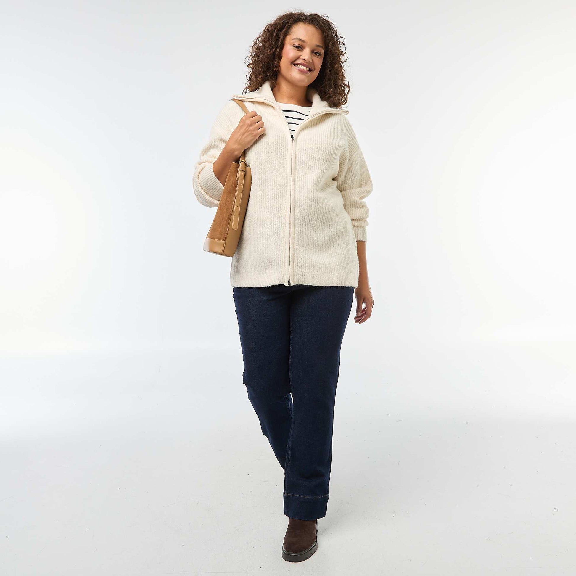 Sweat zippé à capuche en maille tricot BEIGE