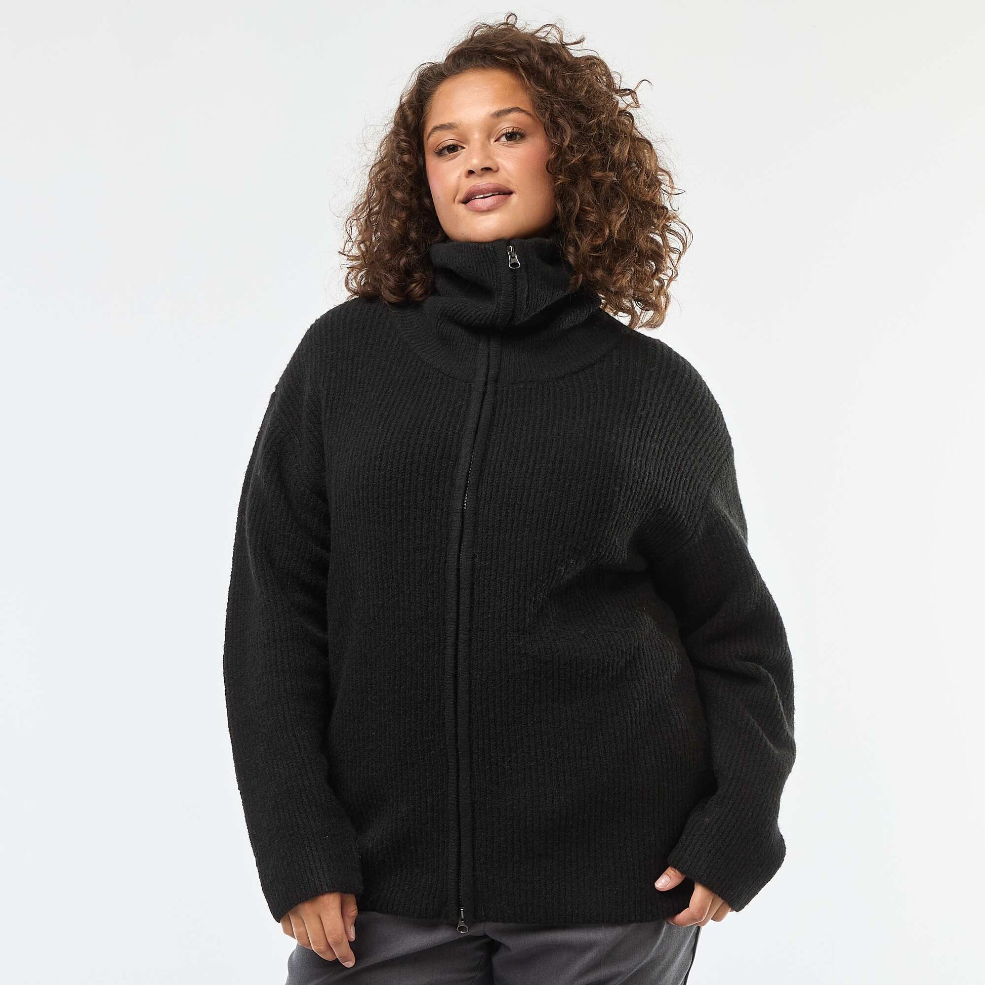 Sweat zippé à capuche en maille tricot NOIR