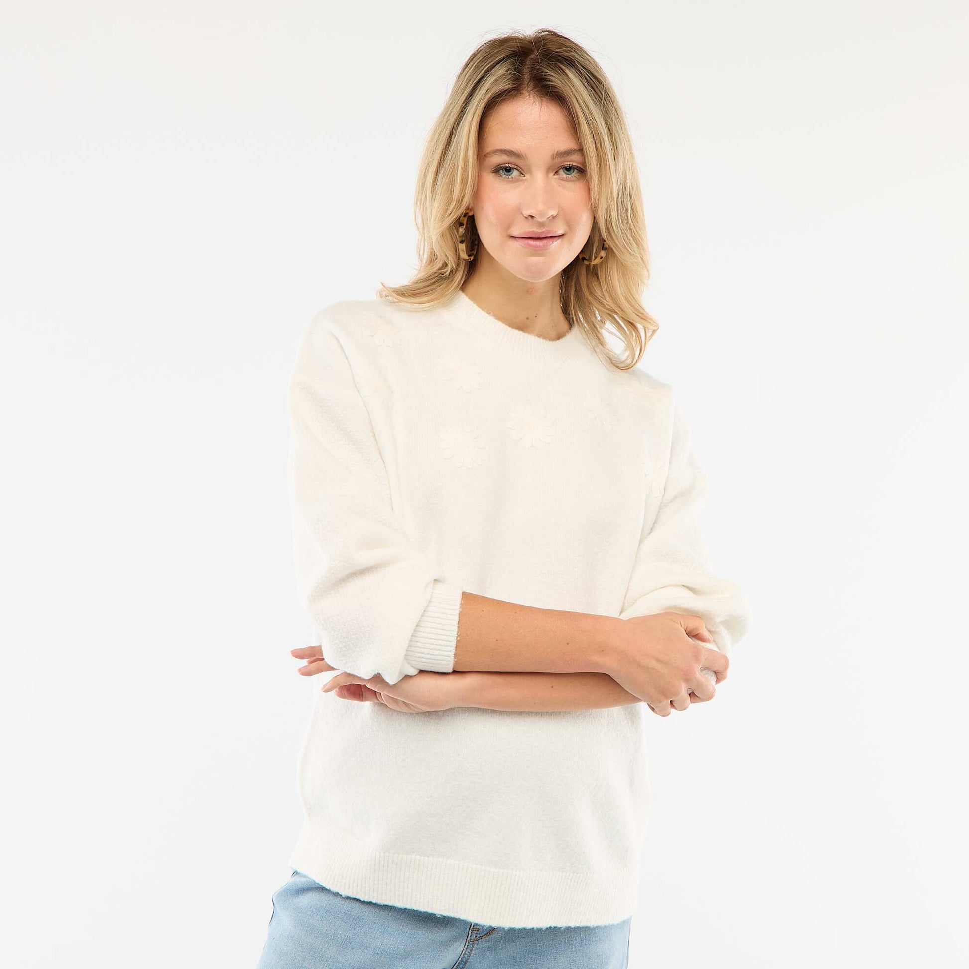 Pull grossesse chaud brodé à fleurs BLANC