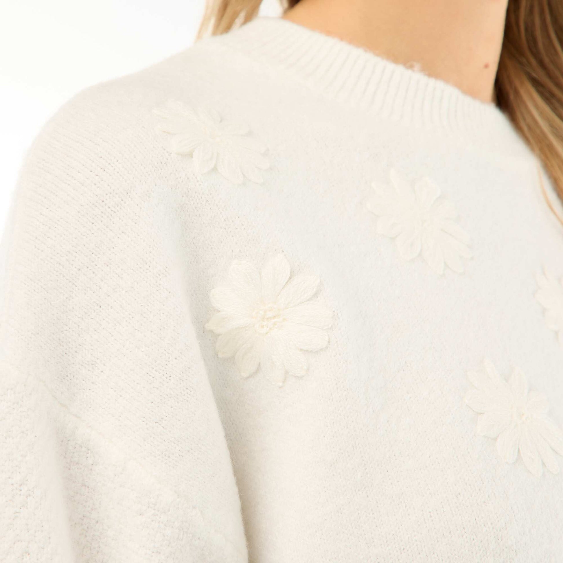 Pull grossesse chaud brodé à fleurs BLANC