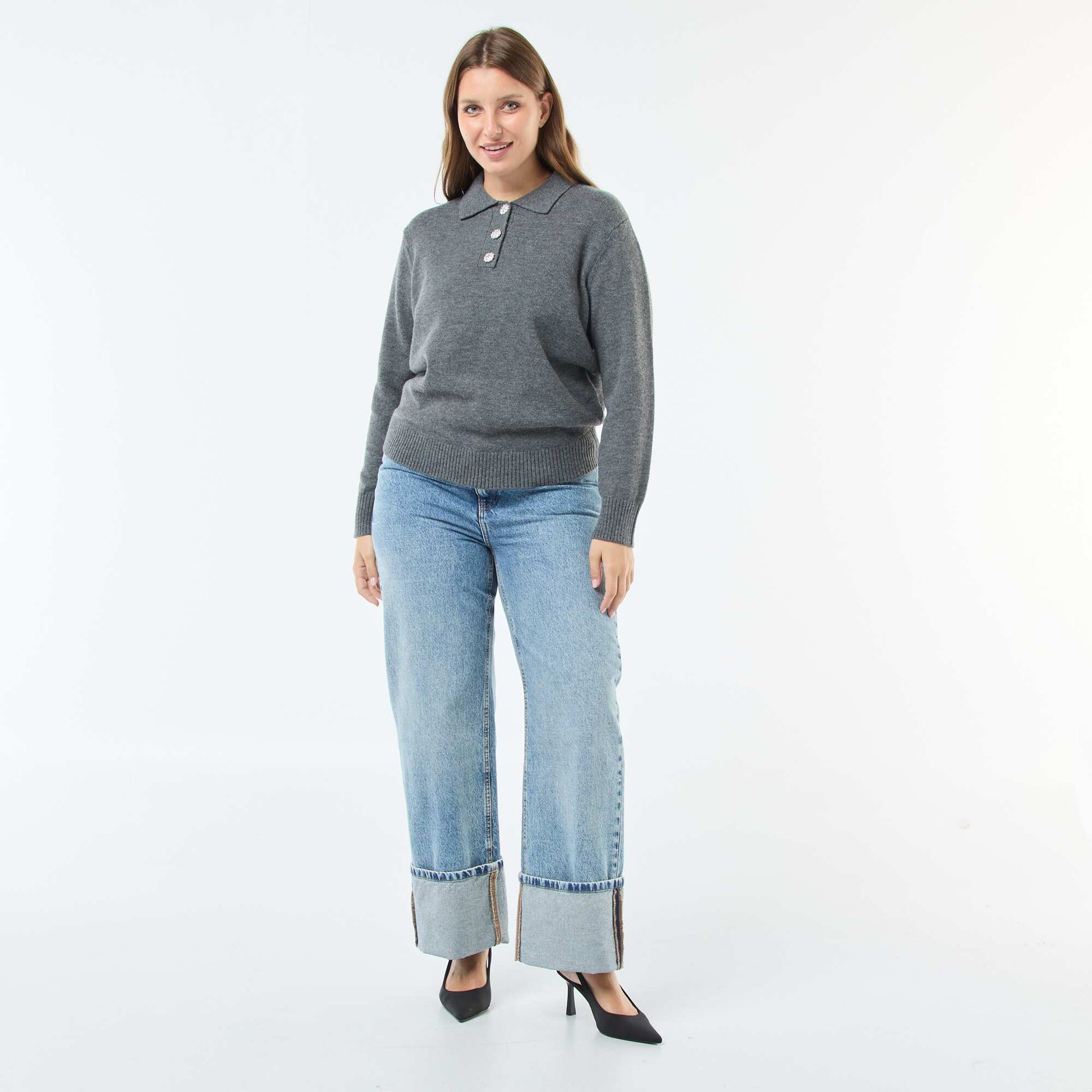Pull col polo avec boutons bijoux GRIS