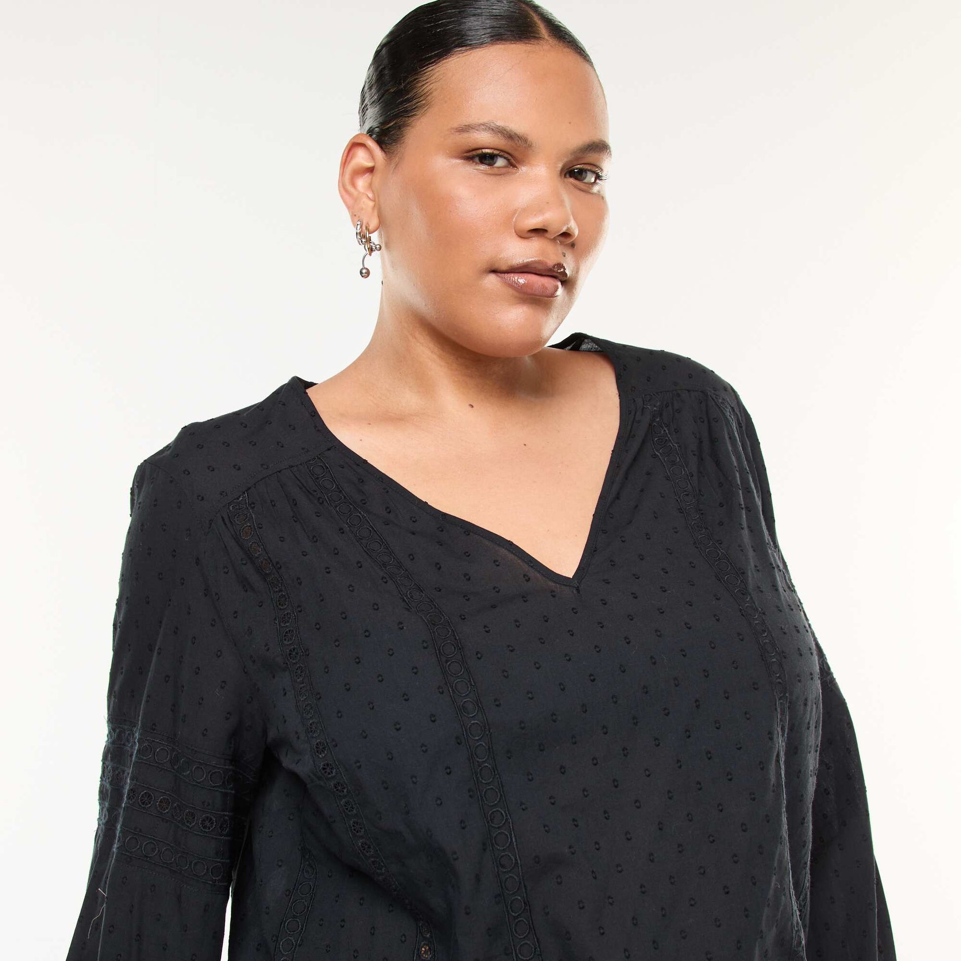 Blouse fluide uni en plumetis et ses broderies ajourées NOIR