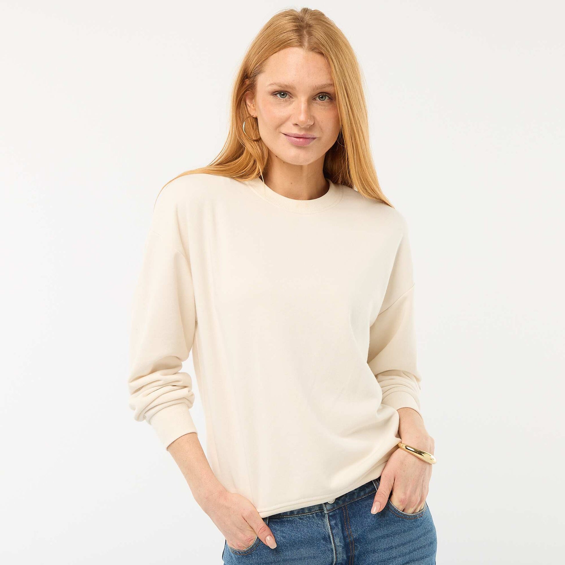 Sweat col rond en french terry uni BLANC