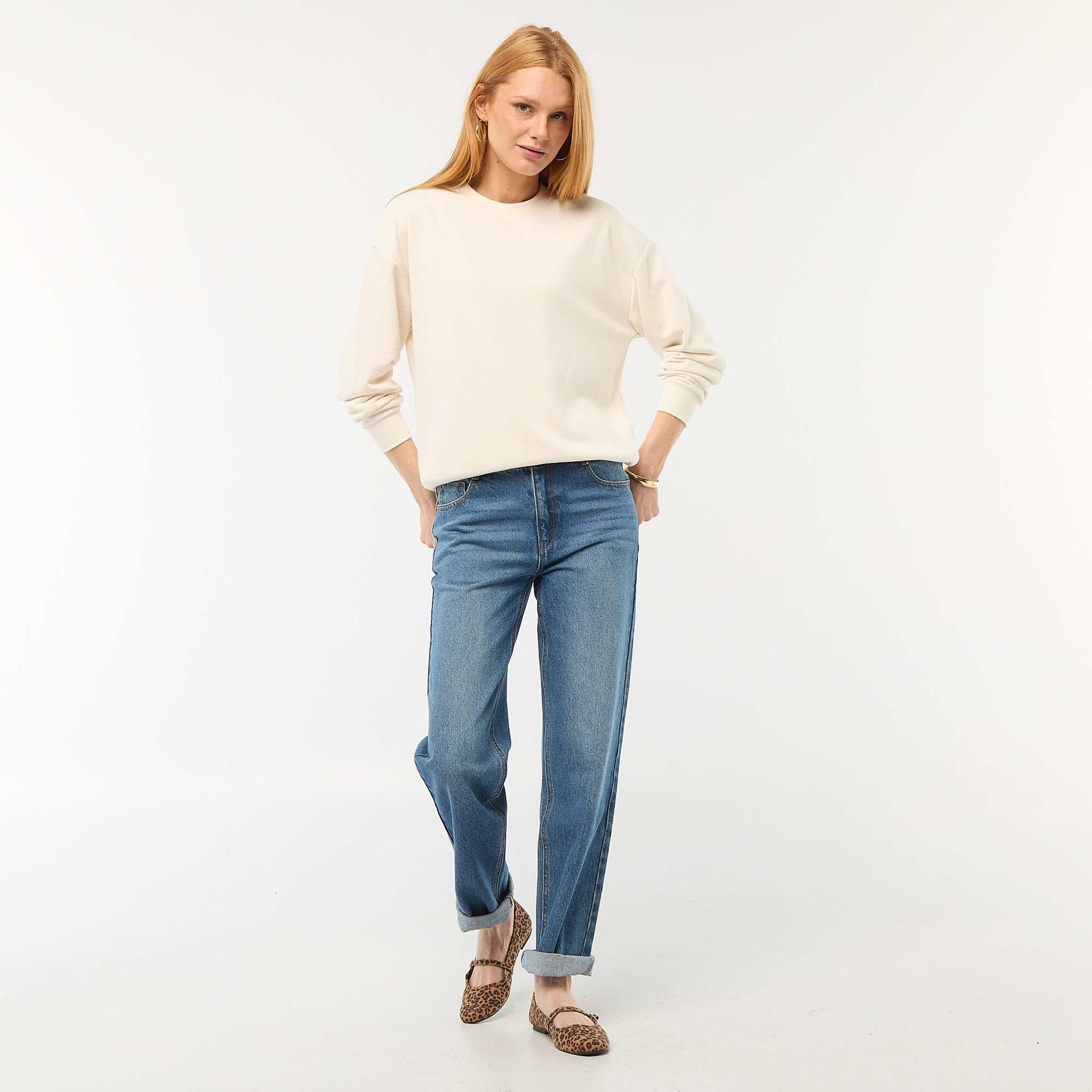 Sweat col rond en french terry uni BLANC