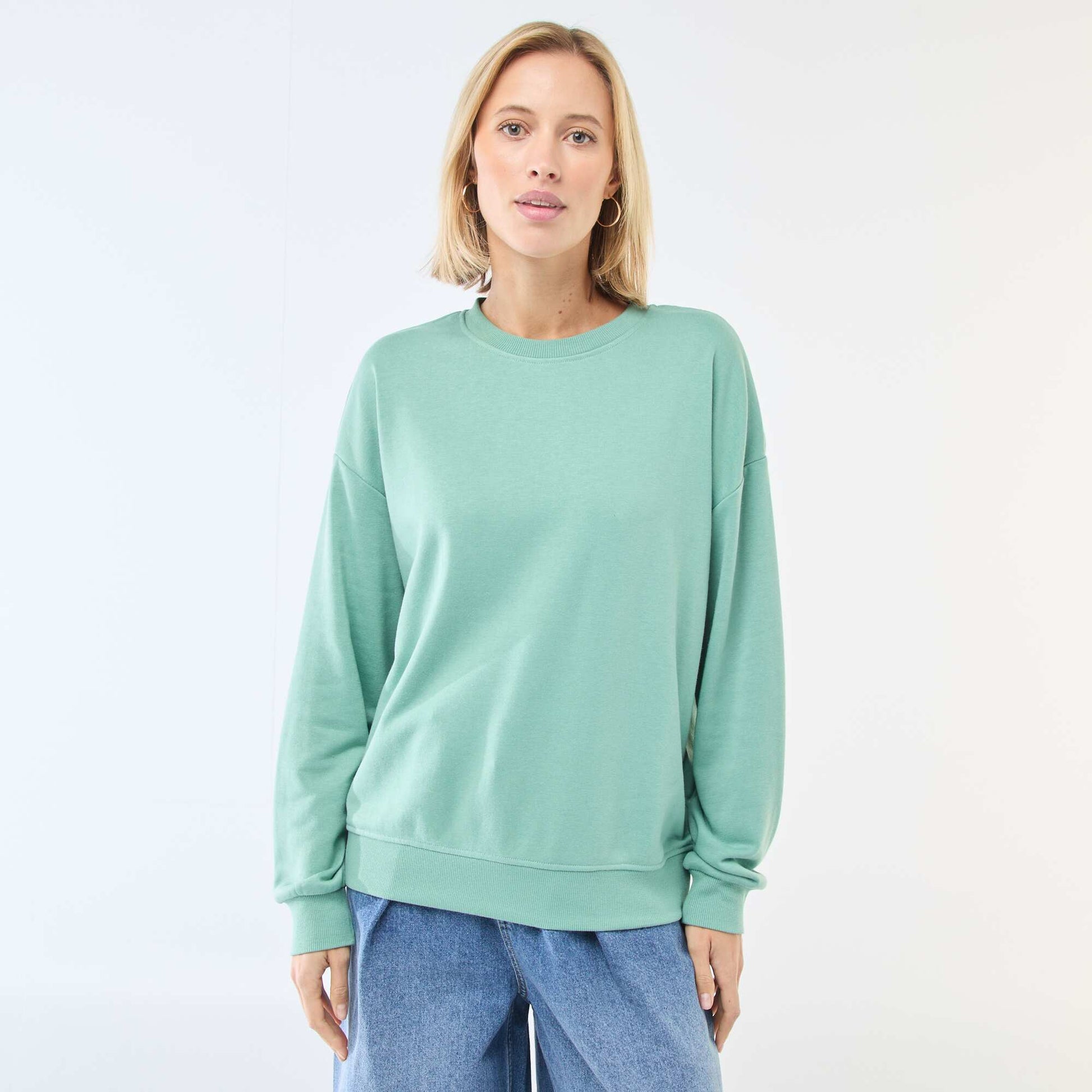 Sweat col rond en french terry uni VERT