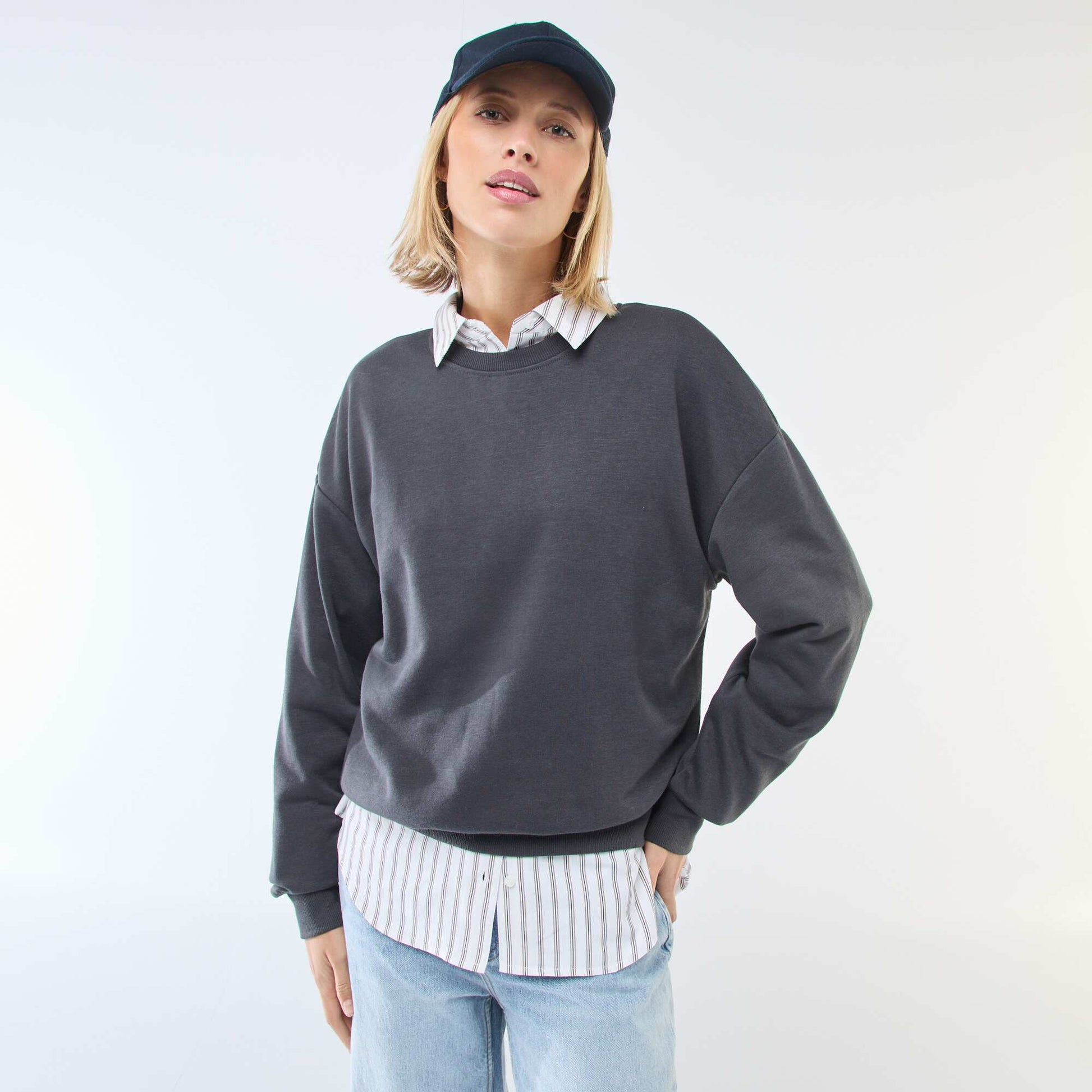 Sweat col rond en french terry uni NOIR