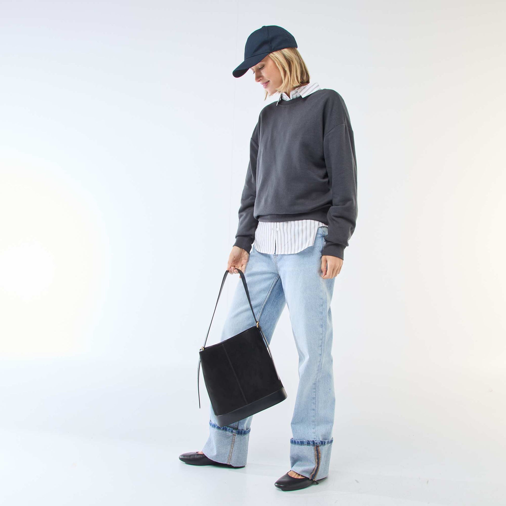 Sweat col rond en french terry uni NOIR