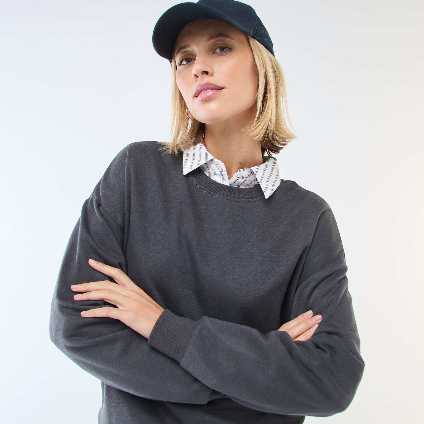 Sweat col rond en french terry uni NOIR