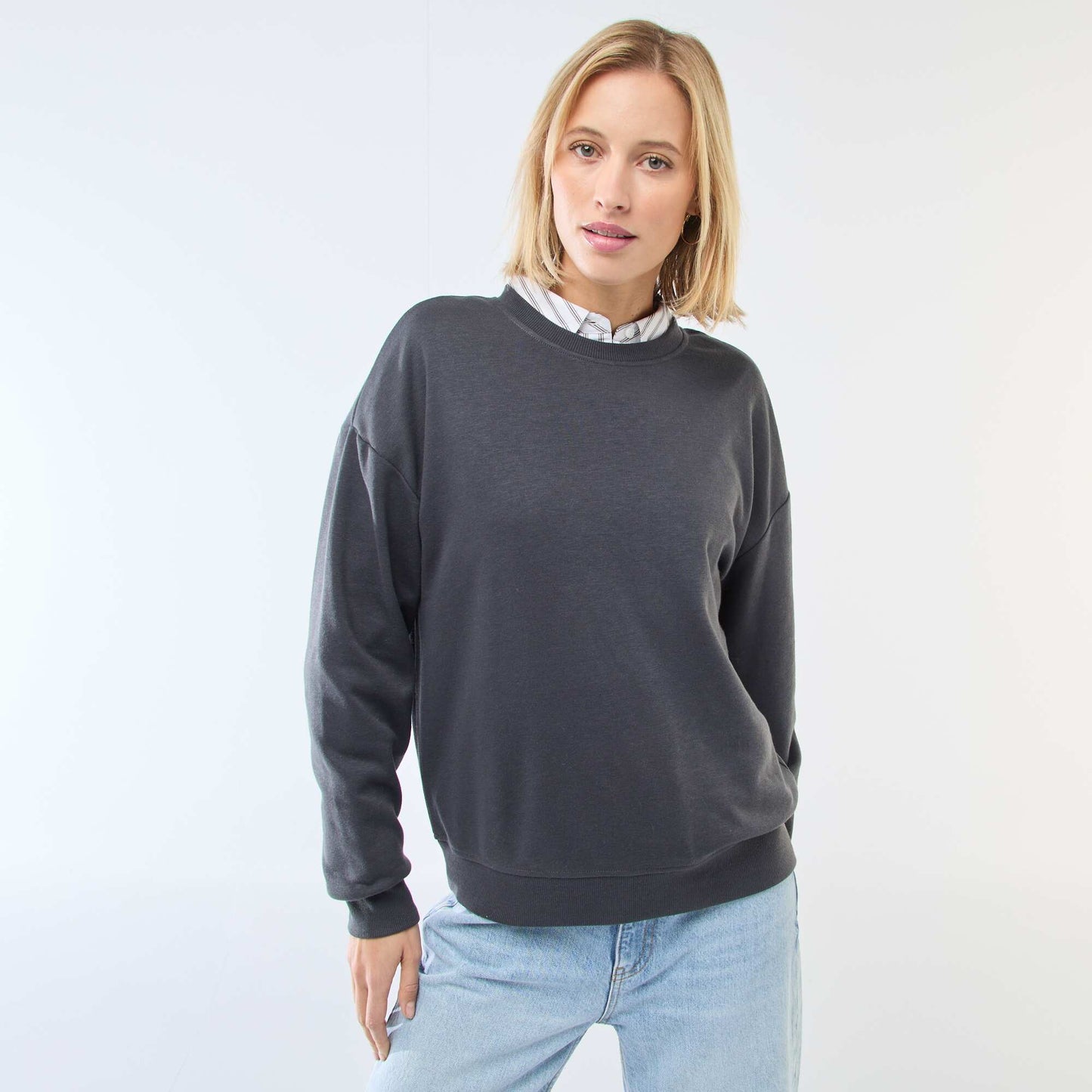 Sweat col rond en french terry uni NOIR