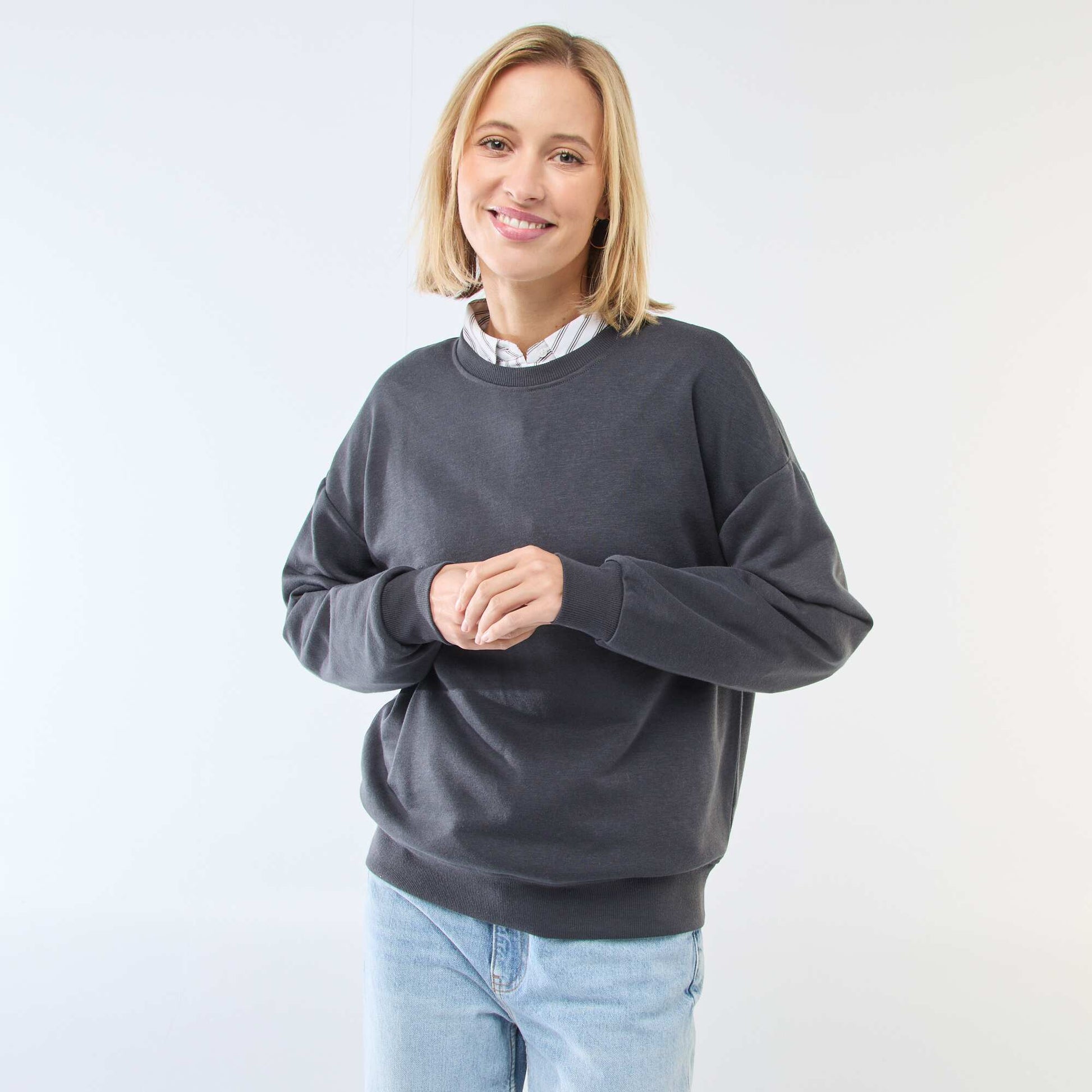Sweat col rond en french terry uni NOIR