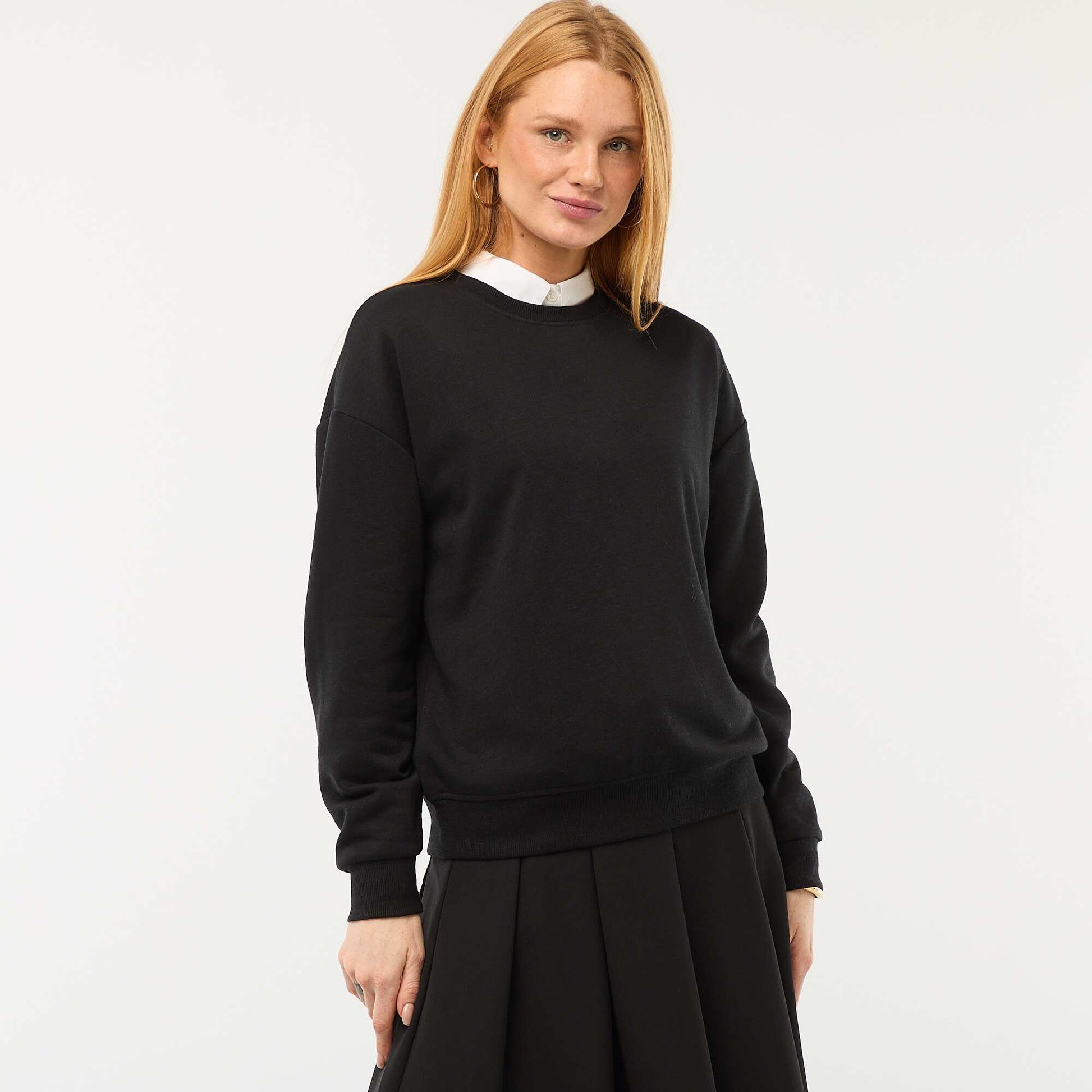Sweat col rond en french terry uni NOIR