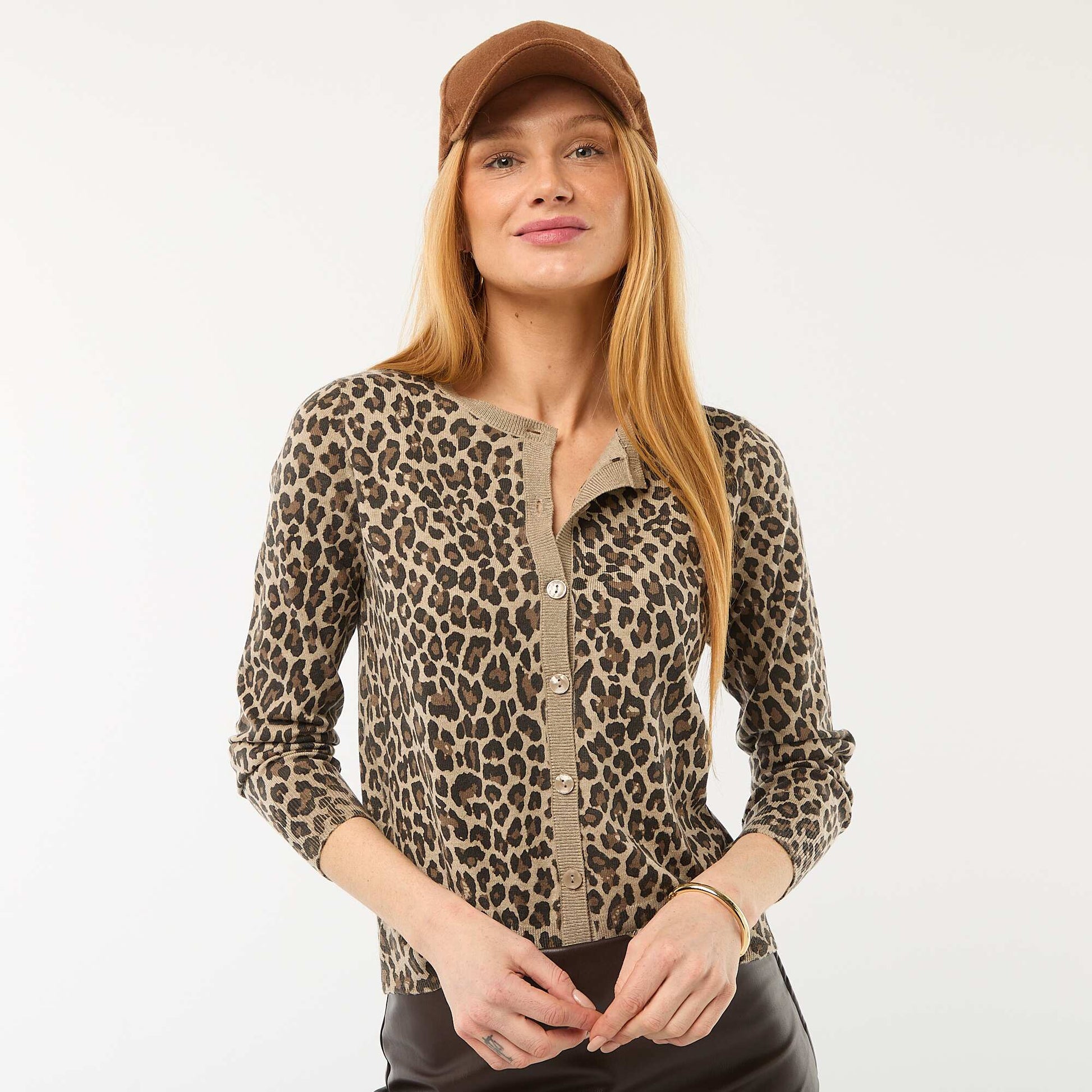 Gilet col rond motif léopard BEIGE