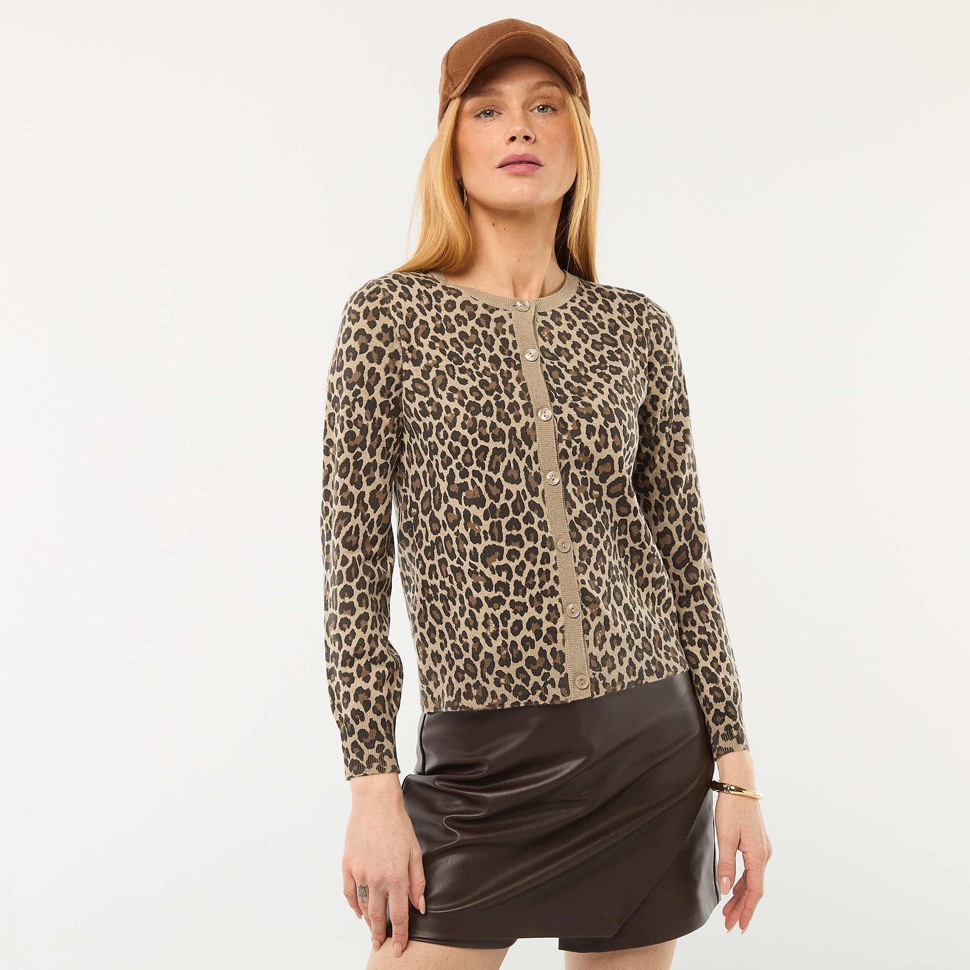 Gilet col rond motif léopard BEIGE