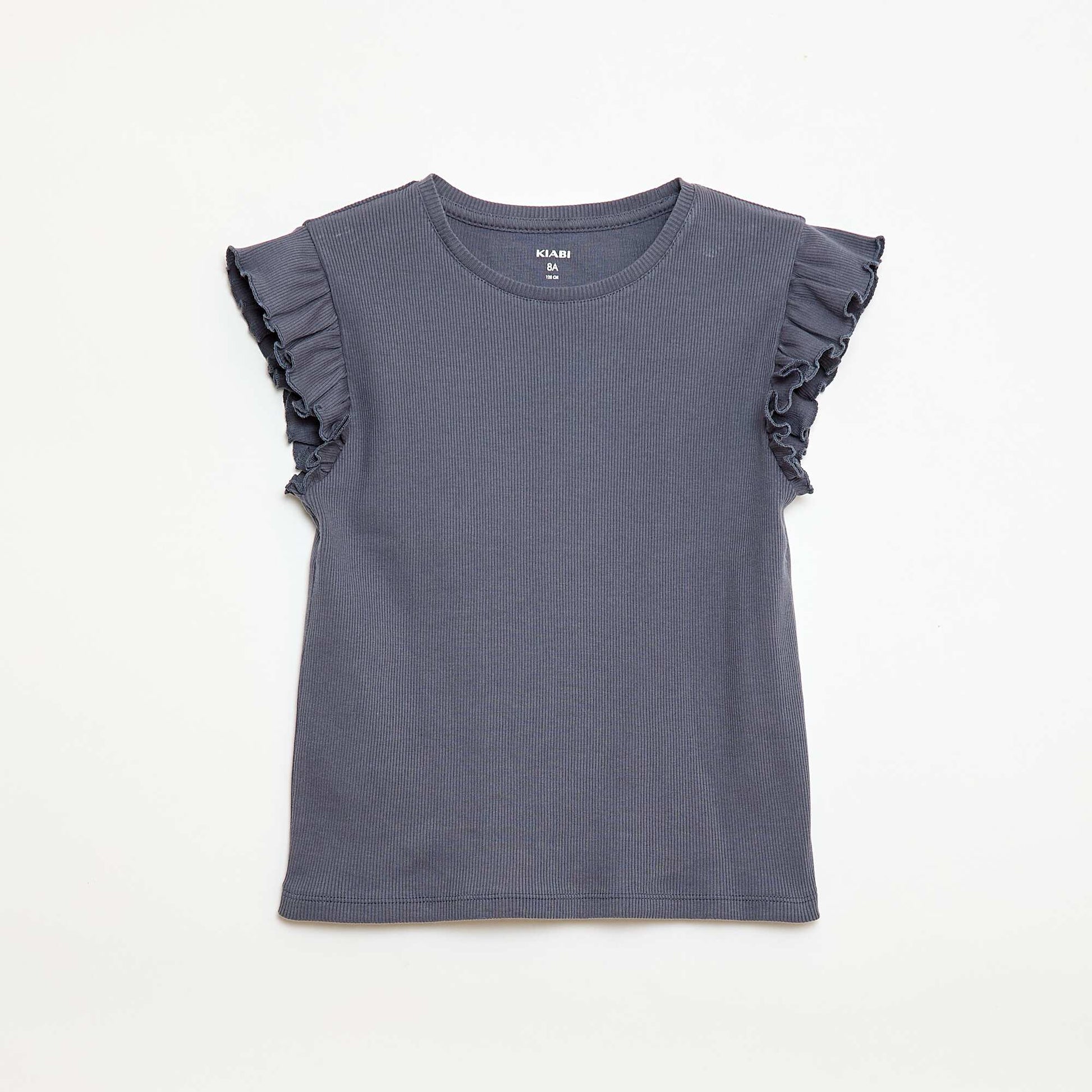 T-shirt côtelé à manches volantées GRIS