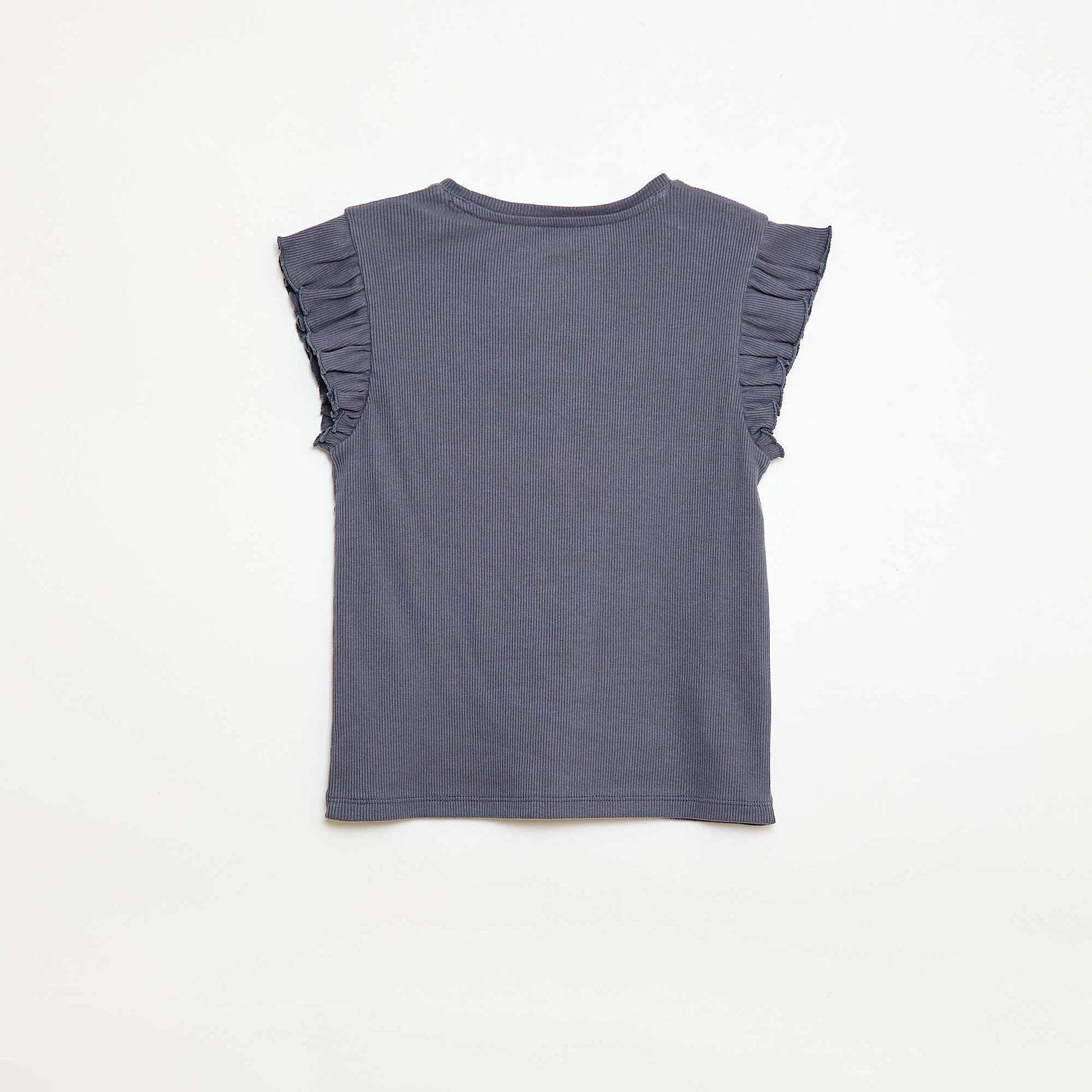T-shirt côtelé à manches volantées GRIS