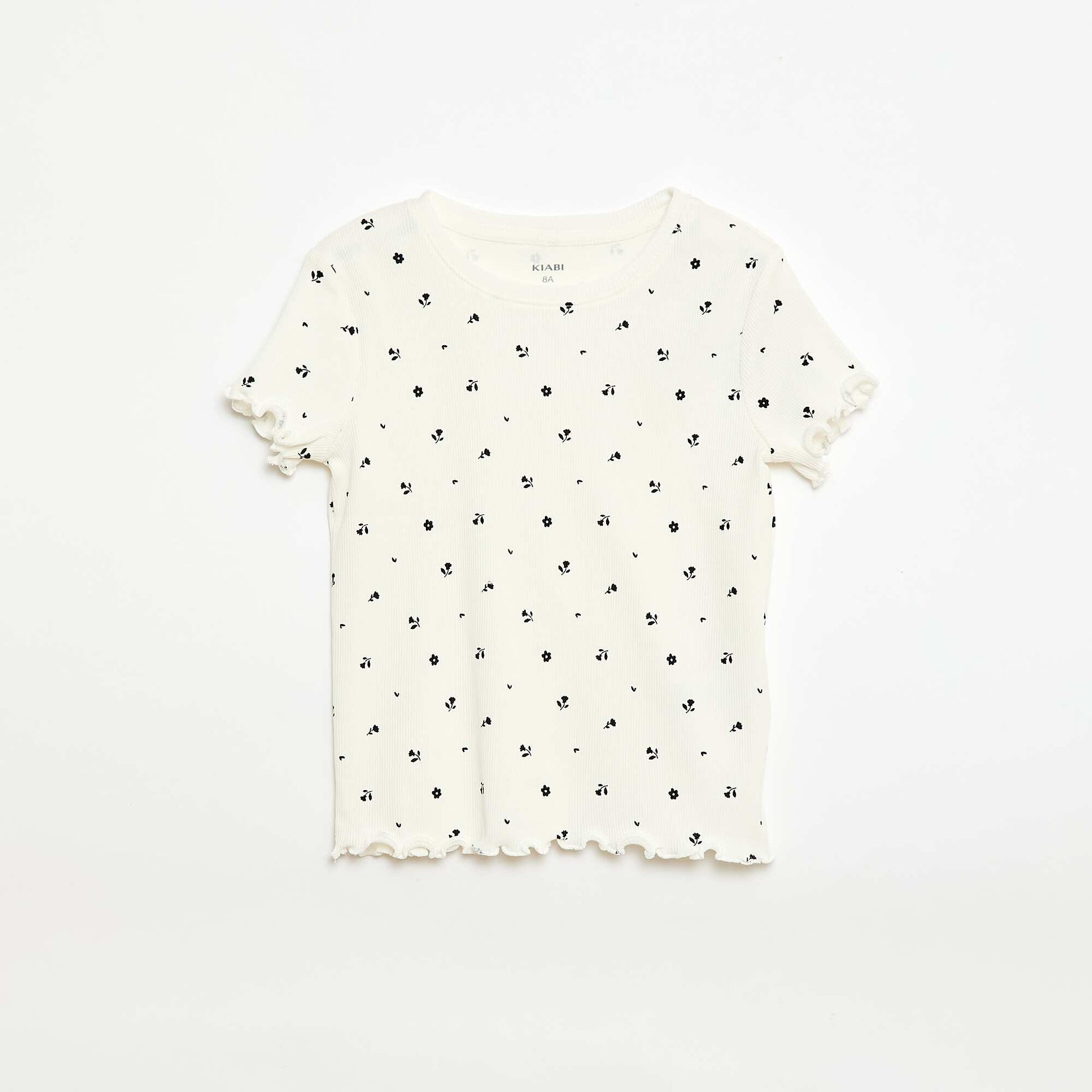 T-shirt côtelé à manches courtes volantées BEIGE