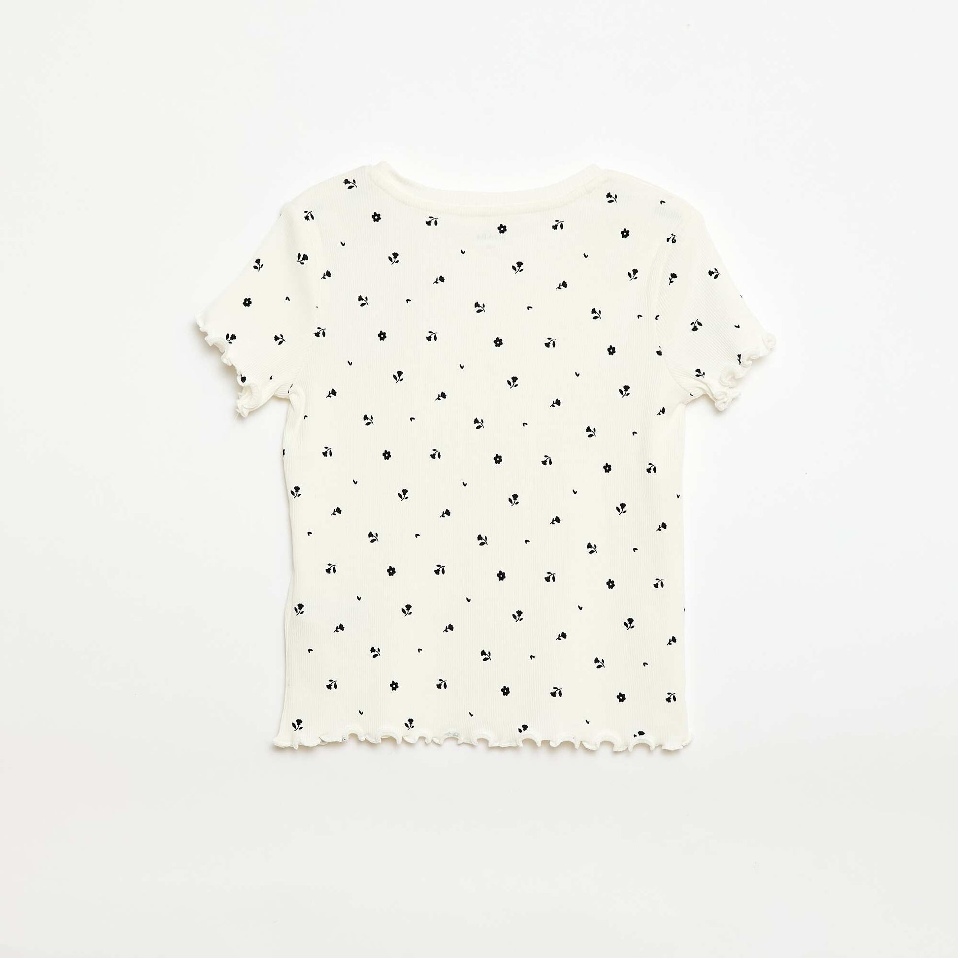 T-shirt côtelé à manches courtes volantées BEIGE