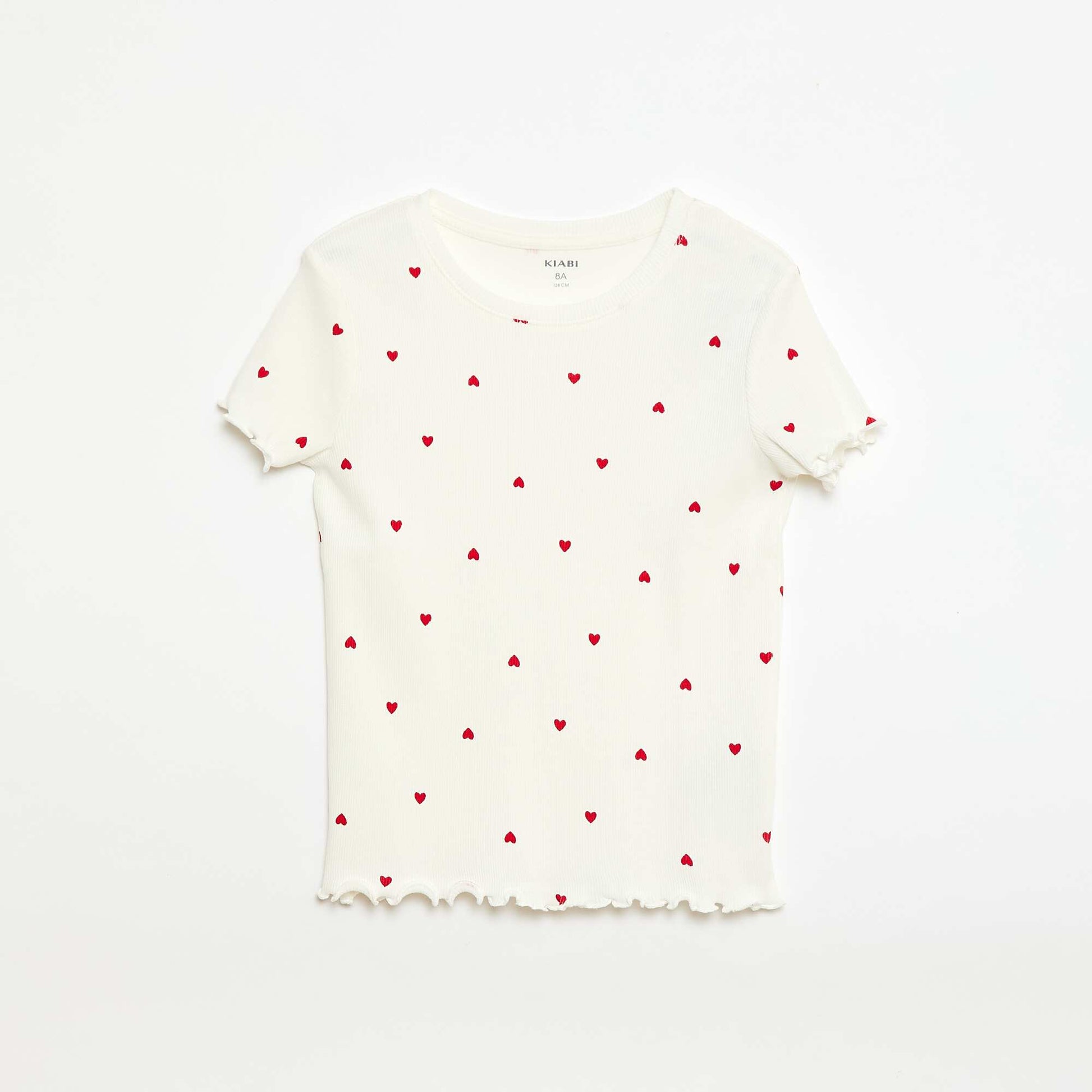 T-shirt côtelé à manches courtes volantées BLANC
