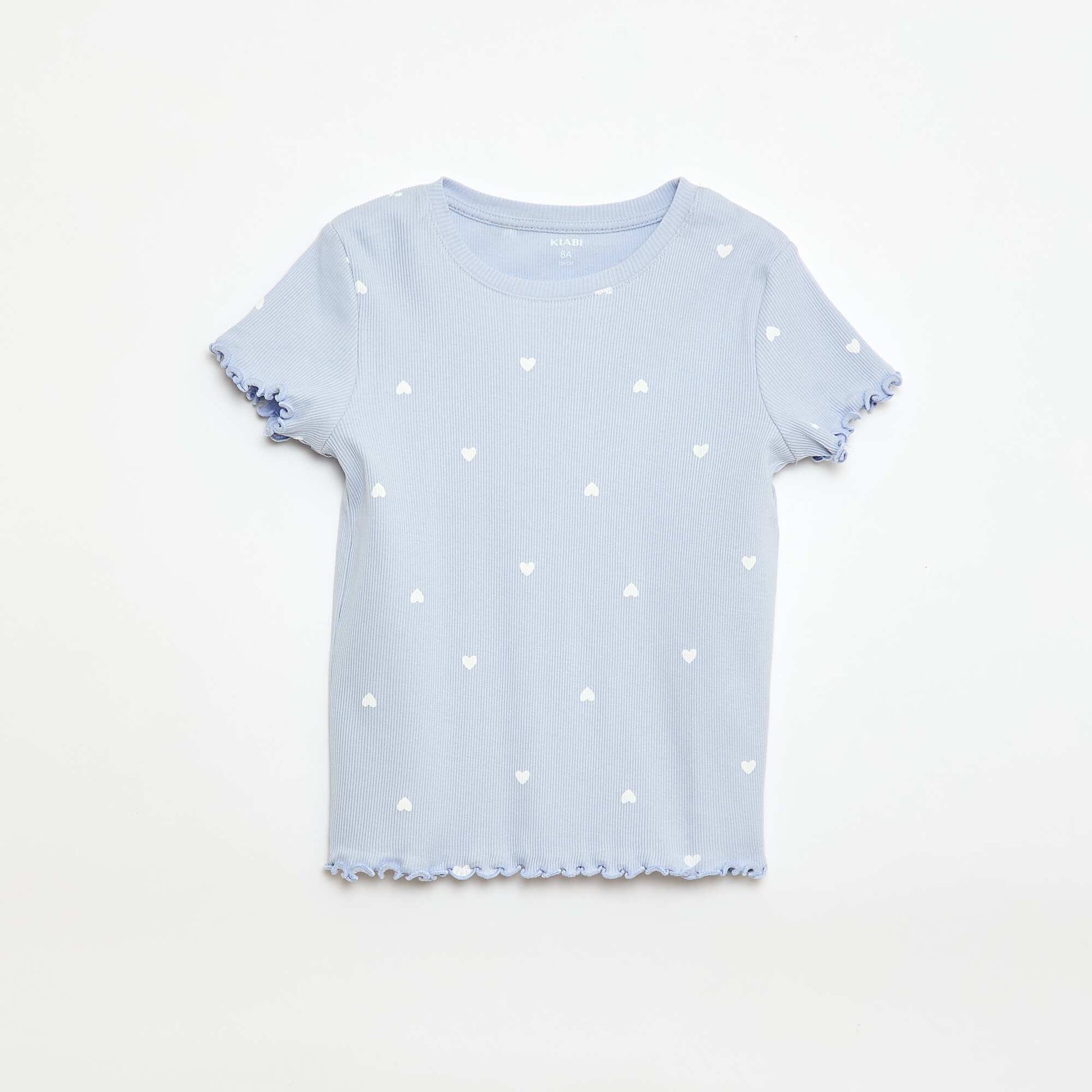 T-shirt côtelé à manches courtes volantées BLEU