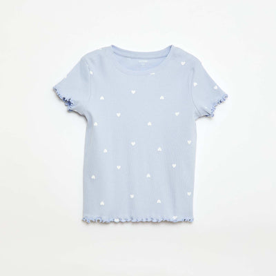 T-shirt côtelé à manches courtes volantées BLEU