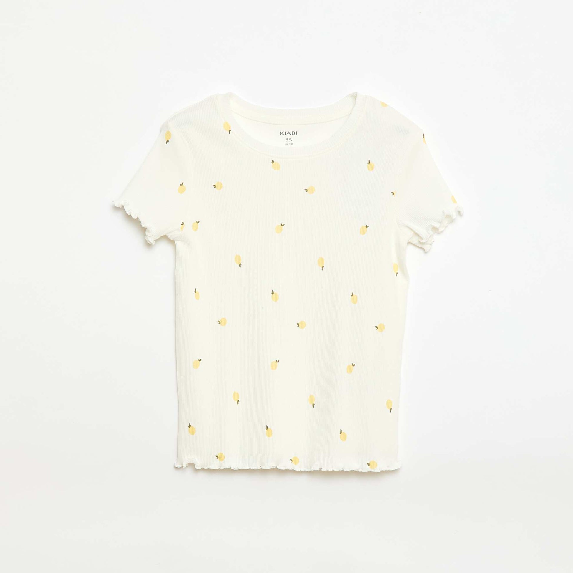T-shirt côtelé à manches courtes volantées BLANC