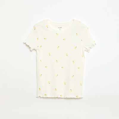 T-shirt côtelé à manches courtes volantées BLANC