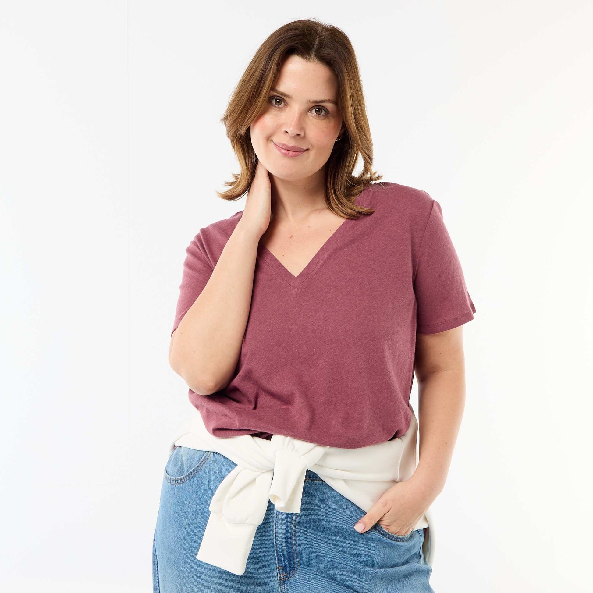 T-shirt basique col V et manches courtes ROSE