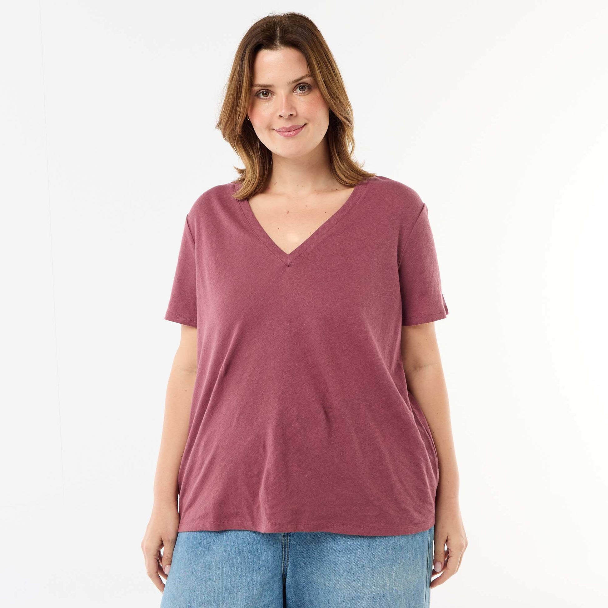 T-shirt basique col V et manches courtes ROSE