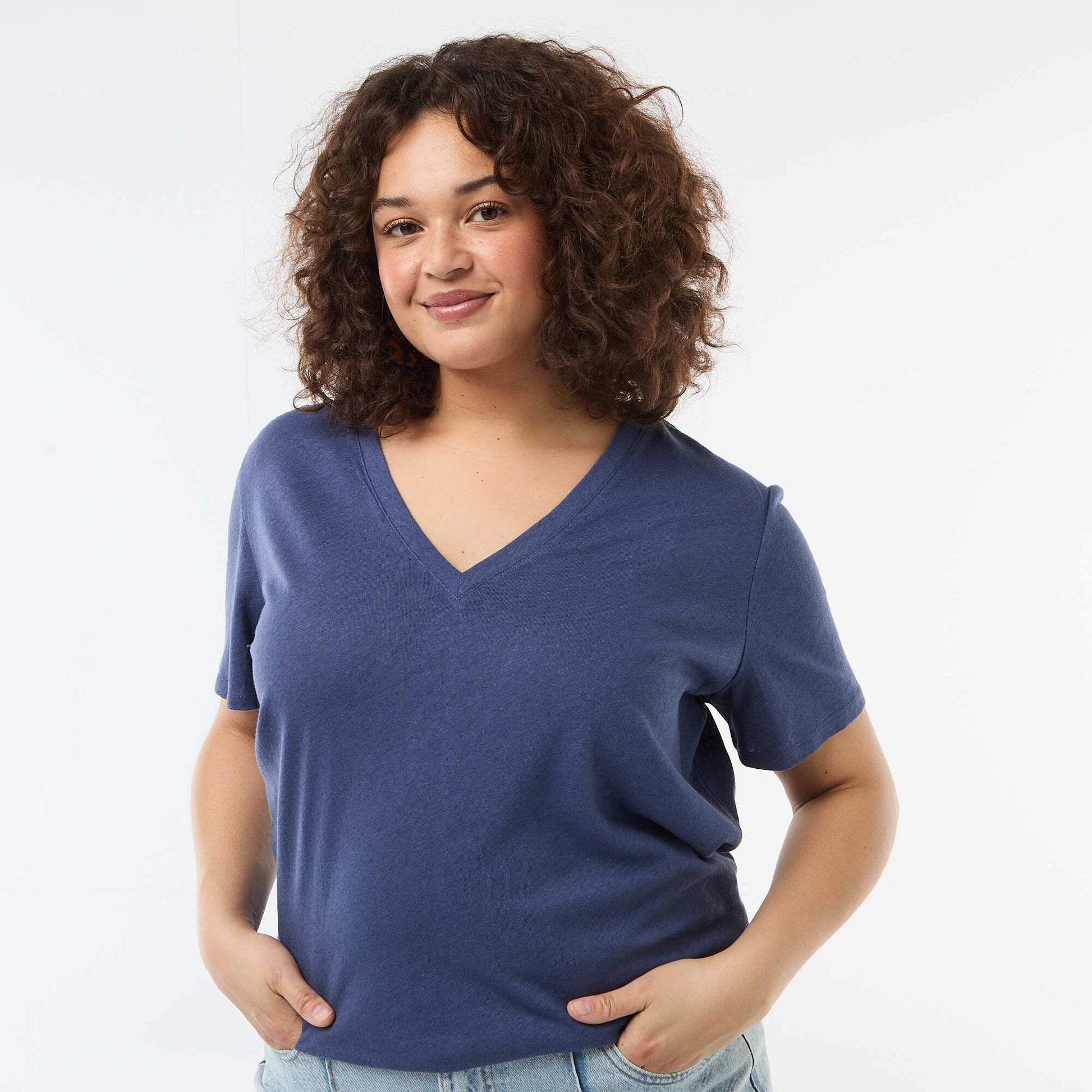 T-shirt basique col V et manches courtes BLEU
