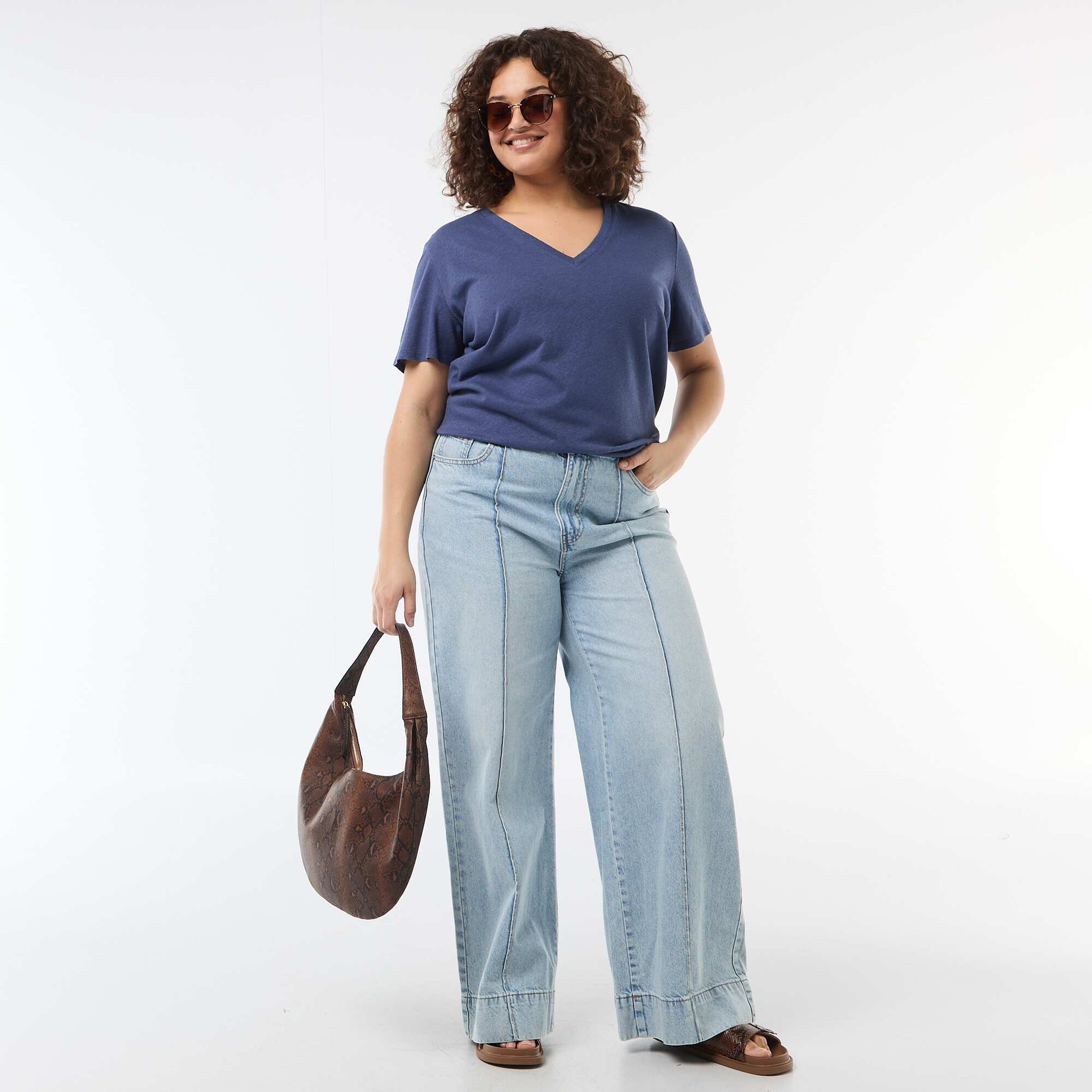 T-shirt basique col V et manches courtes BLEU