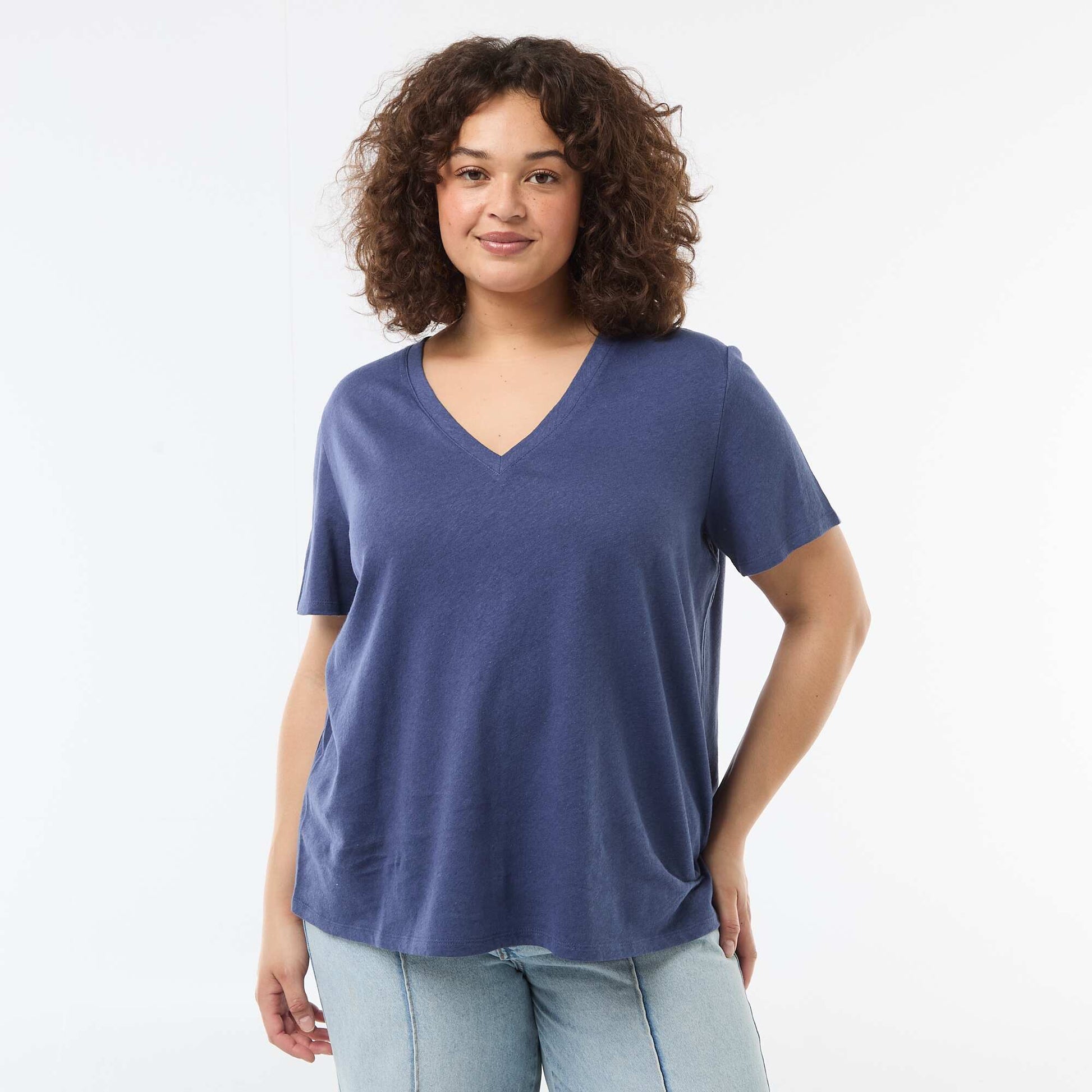 T-shirt basique col V et manches courtes BLEU