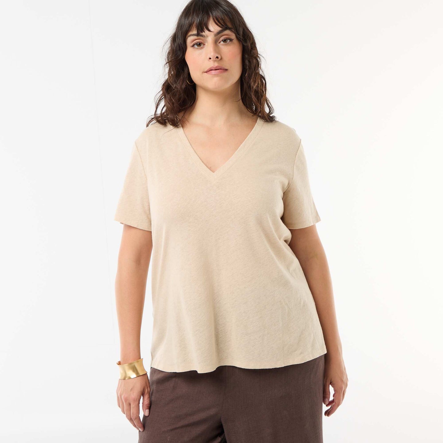 T-shirt basique col V et manches courtes BLANC