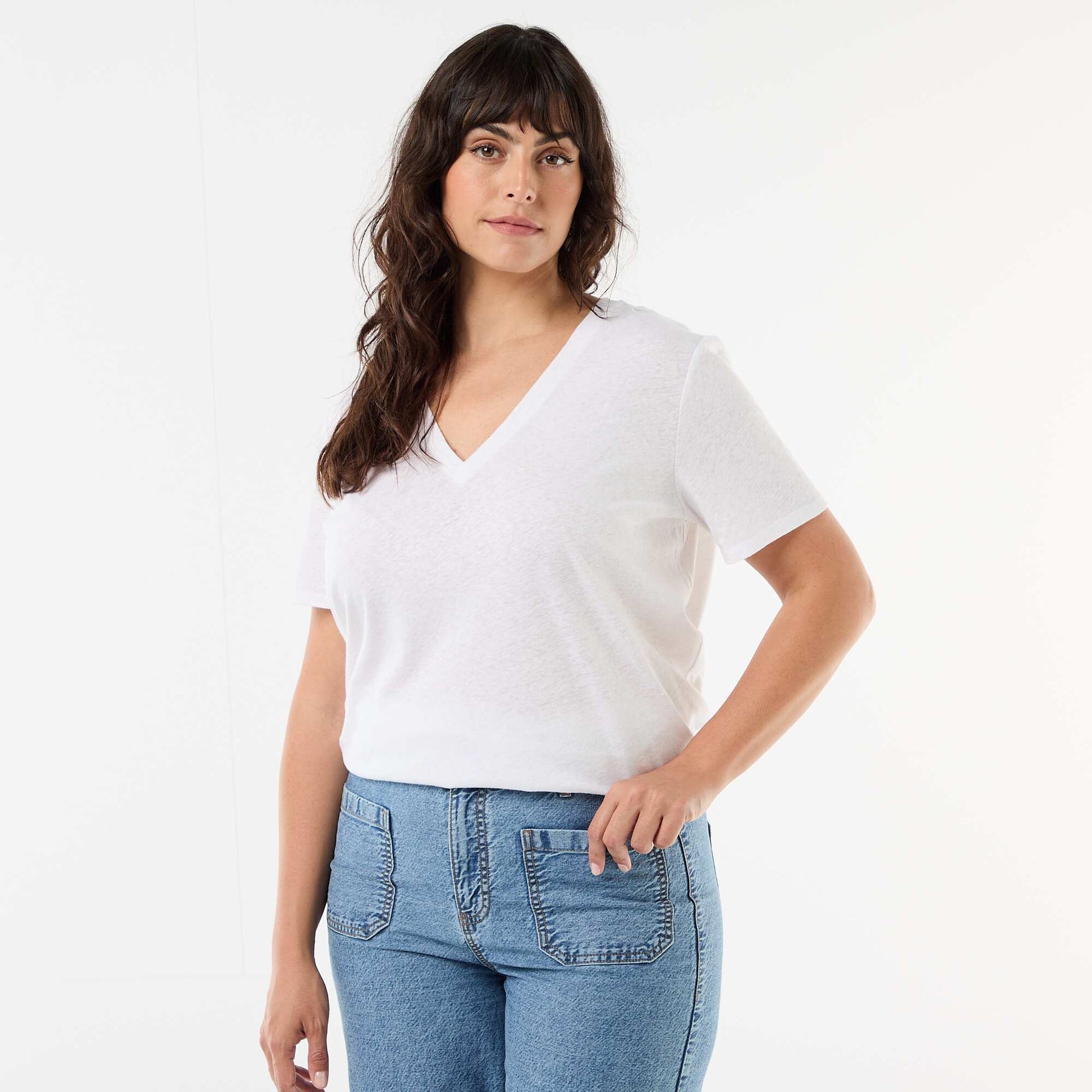 T-shirt basique col V et manches courtes BLANC