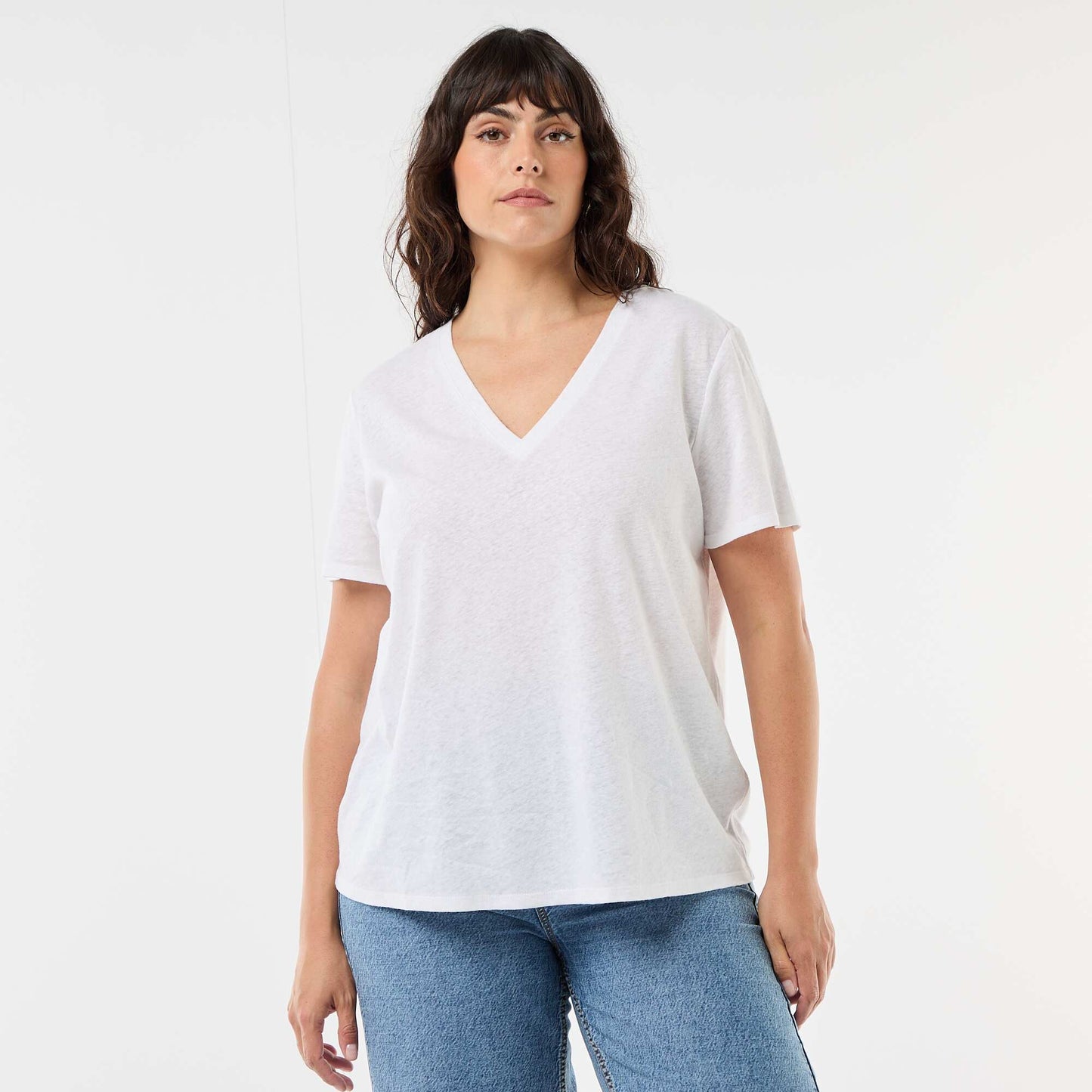 T-shirt basique col V et manches courtes BLANC