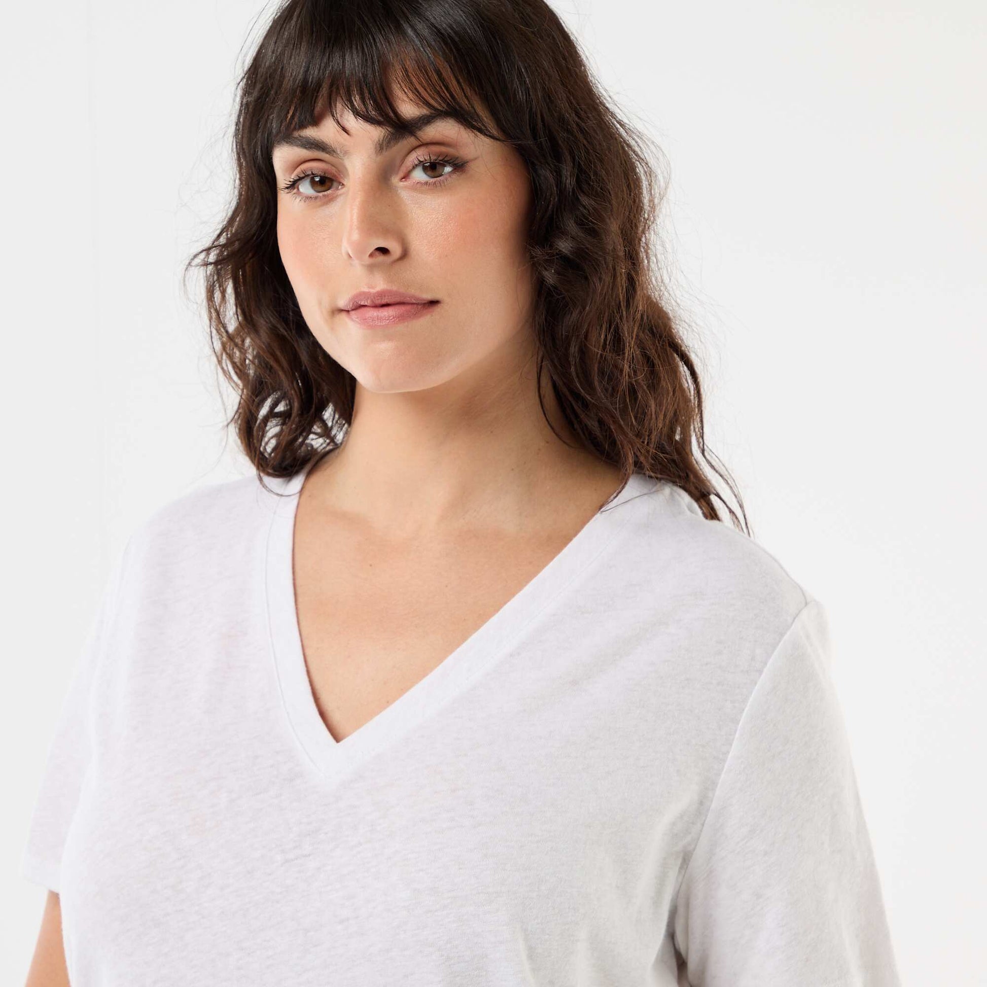 T-shirt basique col V et manches courtes BLANC