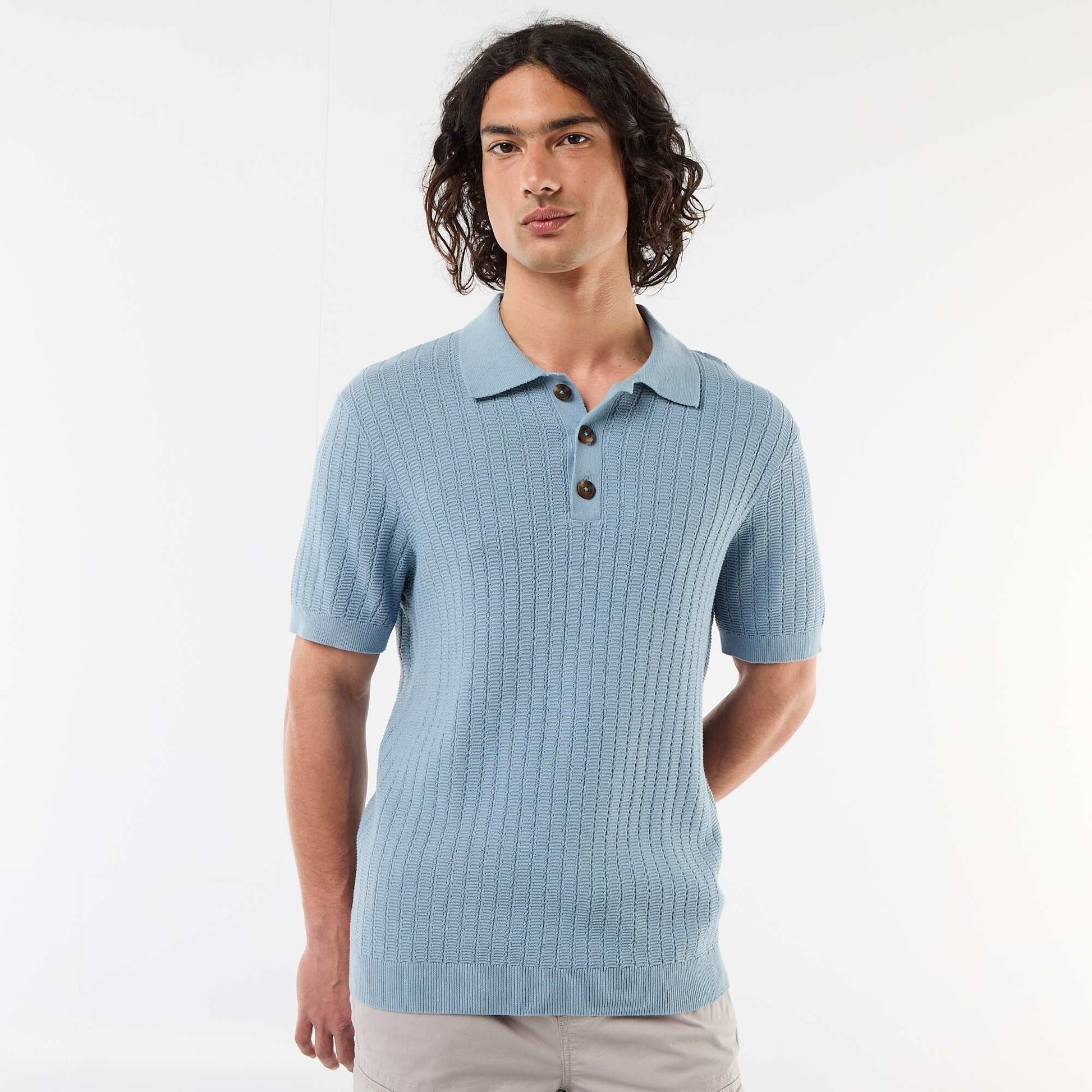 Polo en maille effet tricot BLEU