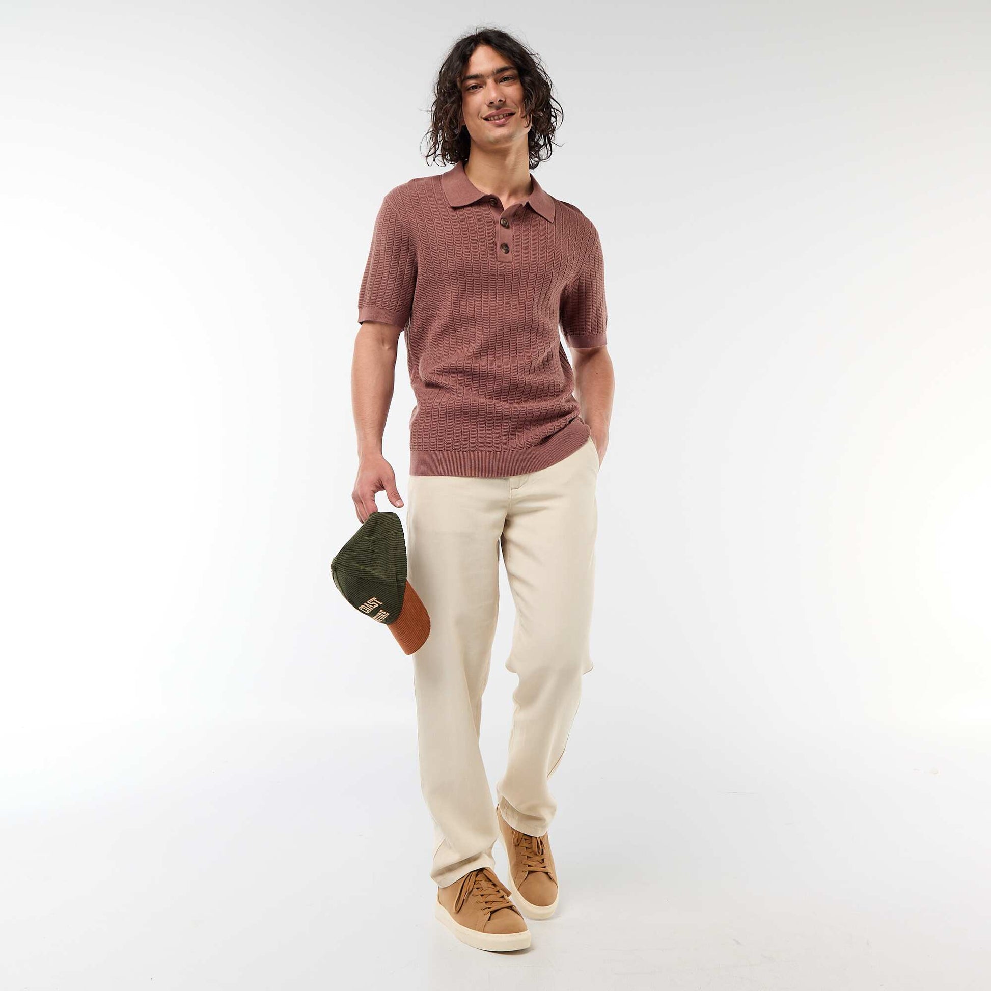 Polo en maille effet tricot MARRON