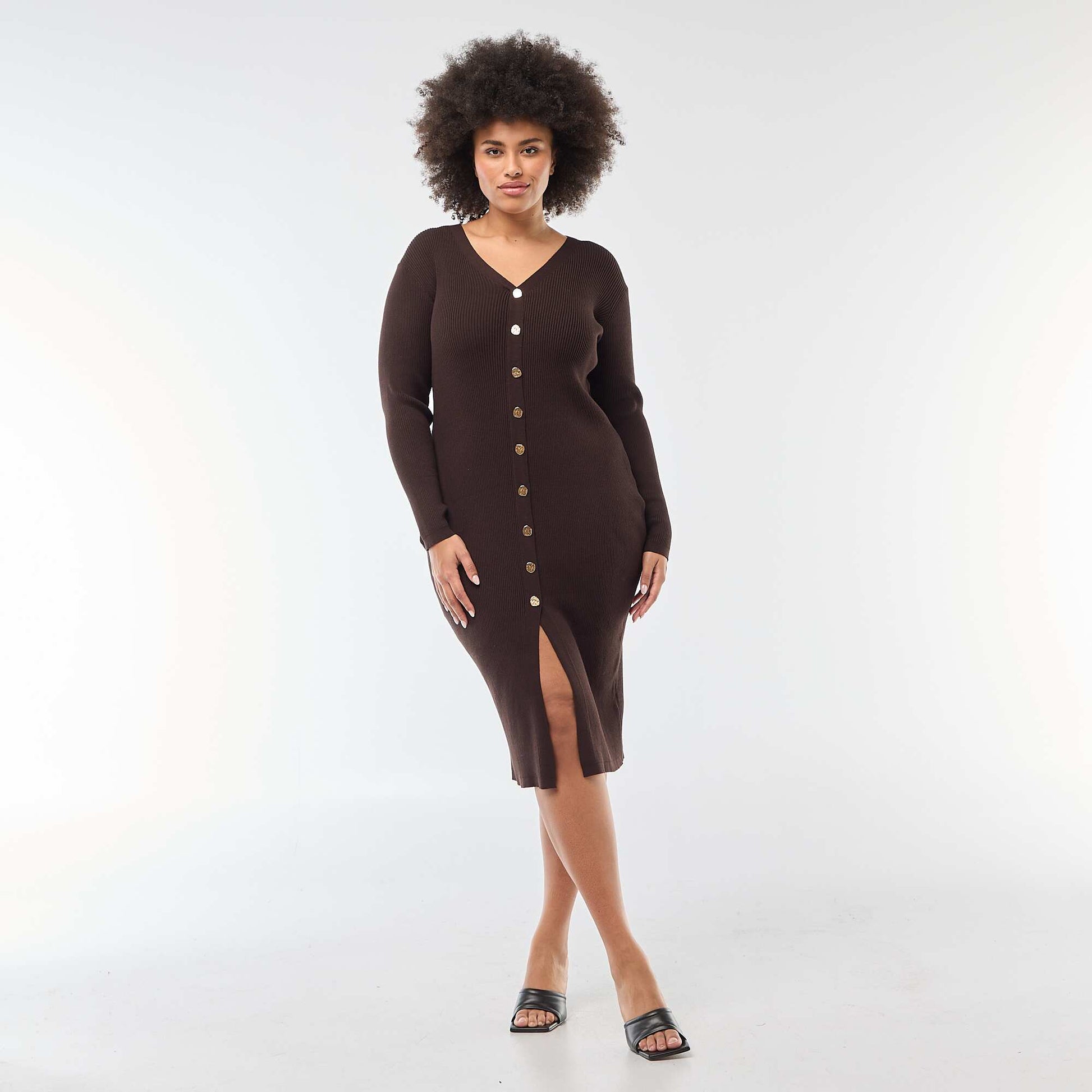 Robe midi en maille lourde côtelée esprit gilet MARRON