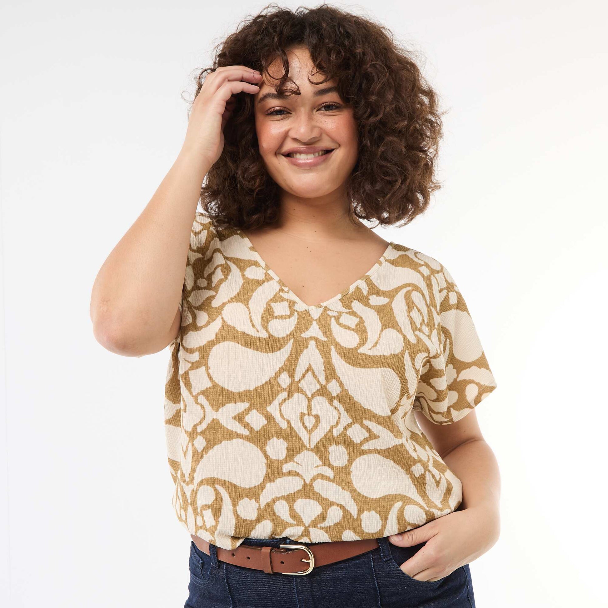 Blouse en matière gaufrée à manches courtes MARRON